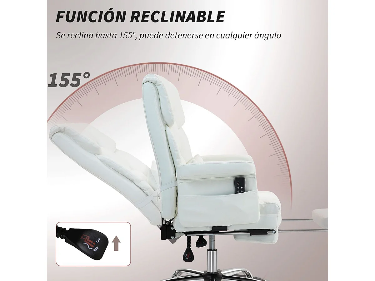 Silla de oficina Confort Homcom reclinable + 6 puntos de masaje + reposapiés retráctil blanco 107-115x69x65 cm