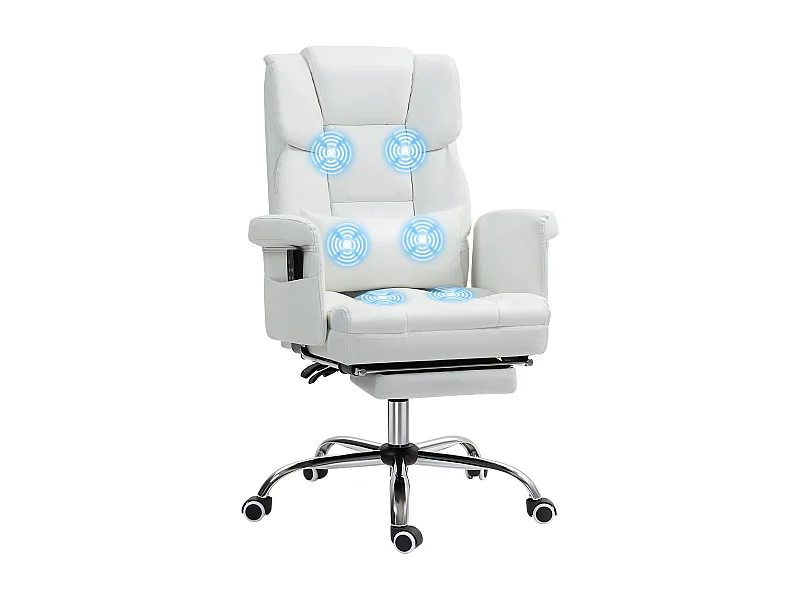Silla de oficina Confort Homcom reclinable + 6 puntos de masaje + reposapiés retráctil blanco 107-115x69x65 cm