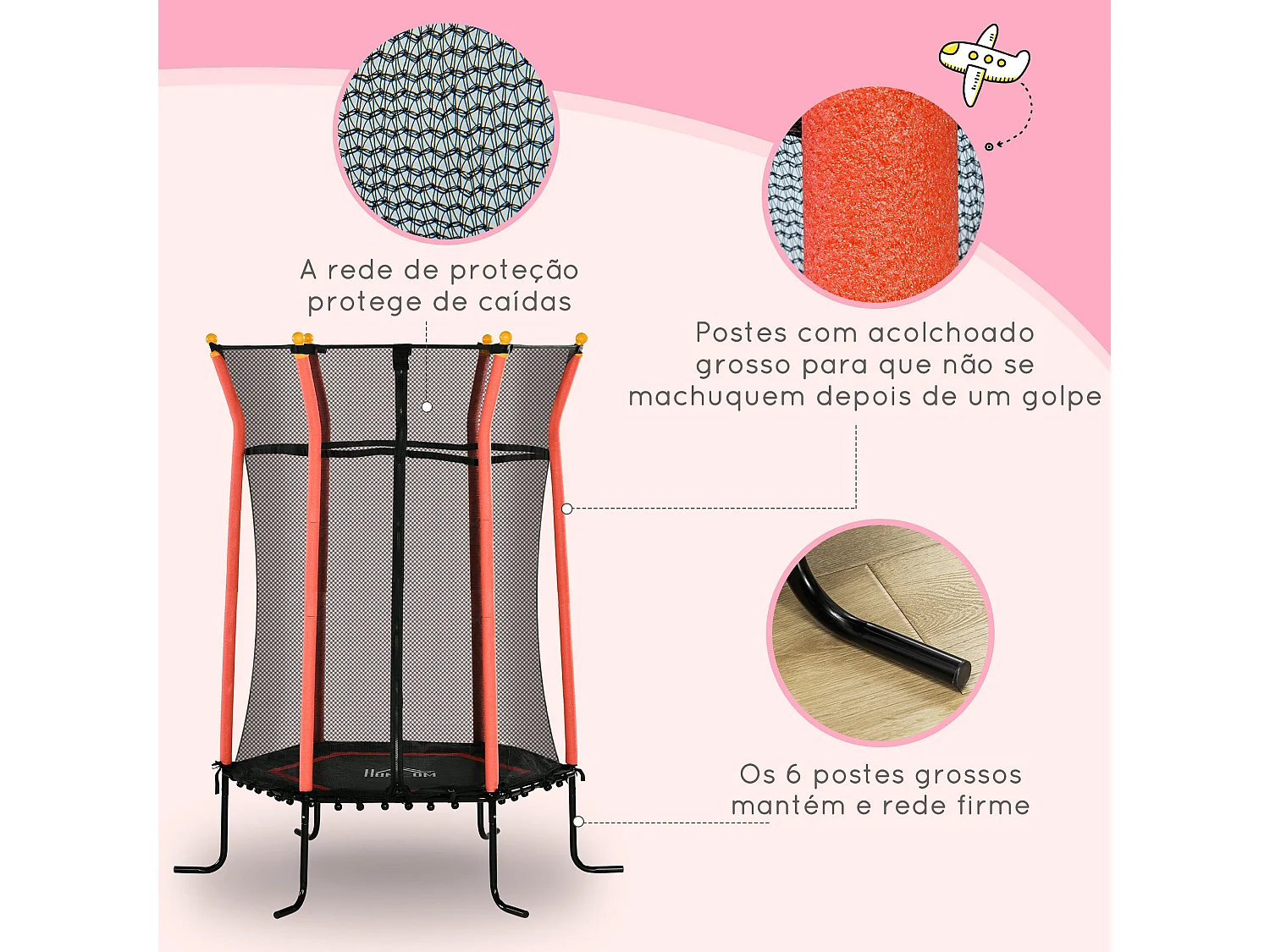 Trampolim Infantil Seguro com Rede de Proteção e Estrutura de Aço para Uso Interno e Externo - Modelo Lyon 163,5x190 cm Vermelho