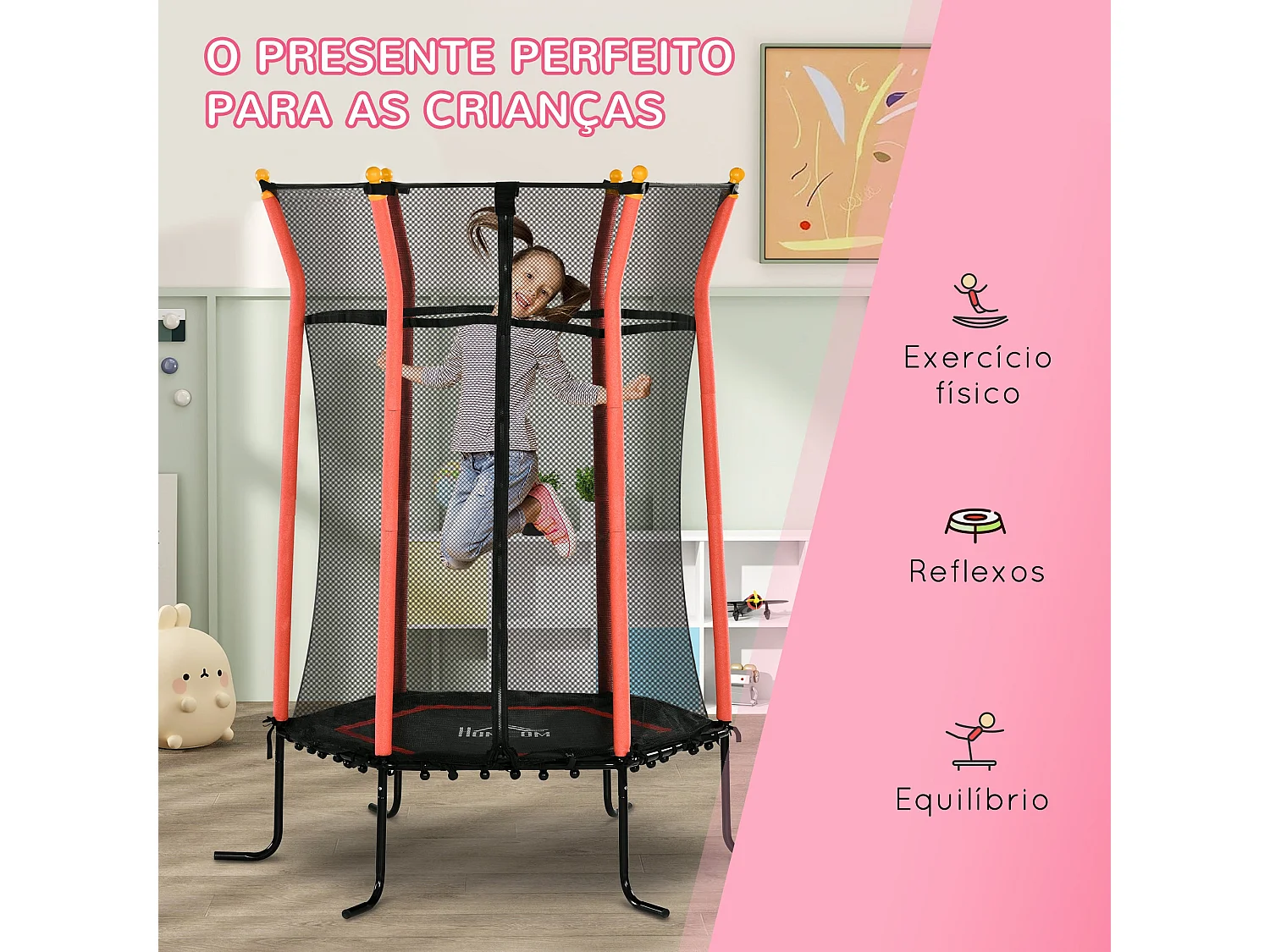 Trampolim Infantil Seguro com Rede de Proteção e Estrutura de Aço para Uso Interno e Externo - Modelo Lyon 163,5x190 cm Vermelho