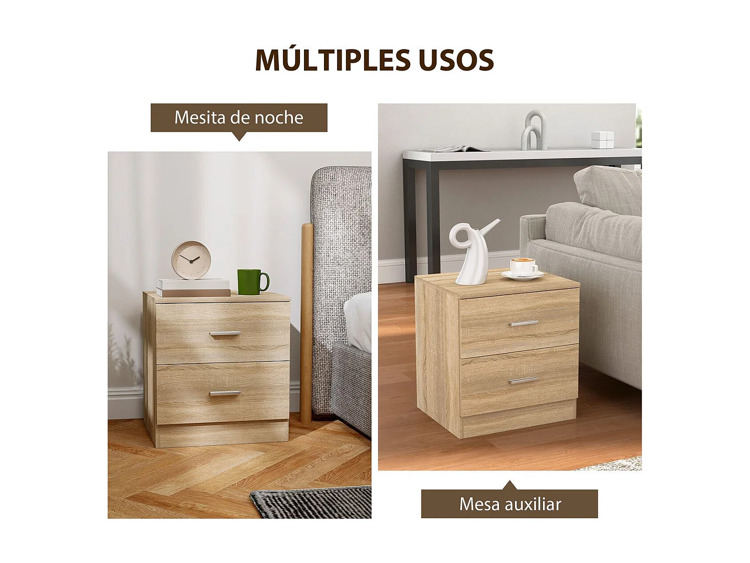 Mesita de noche Arena Homcom 2 cajones natural 49x45x39,5 cm