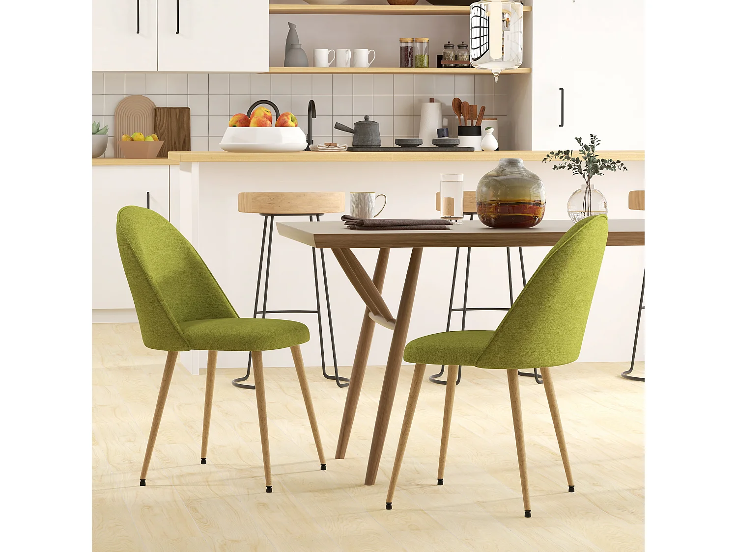 Conjunto Elegante de 2 Cadeiras Estofadas em Tecido de Linho Verde para Sala de Jantar e Escritório