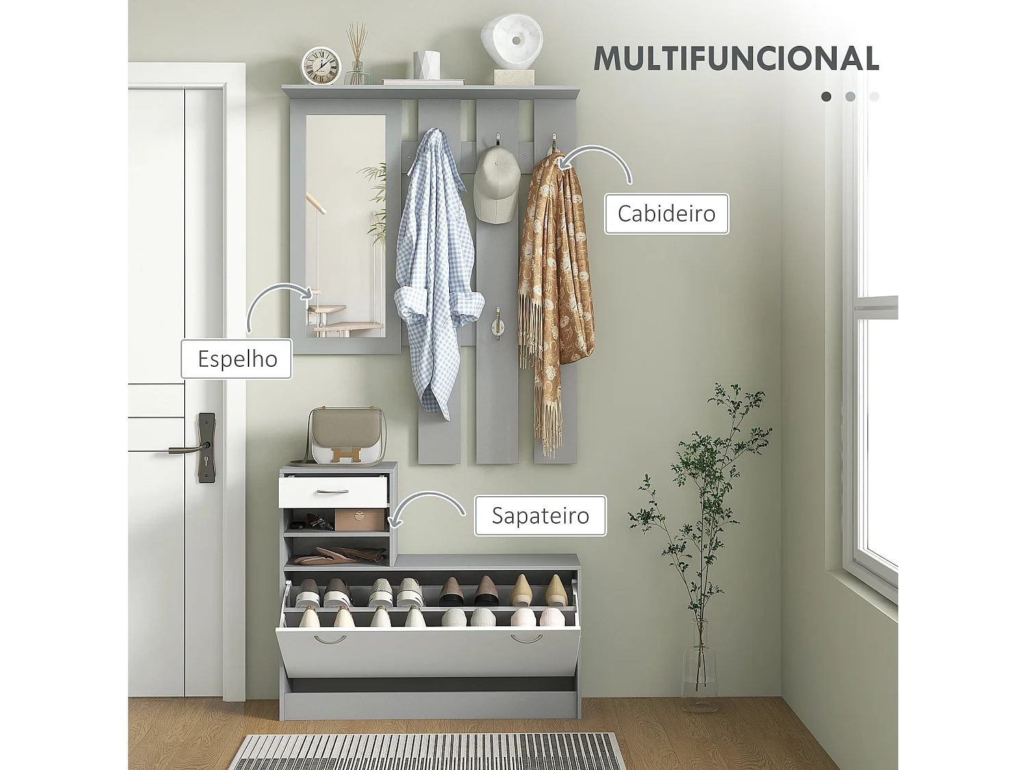 Conjunto de Entrada Dhyana Cinza e Branco - Móvel Multifuncional com Sapateira, Espelho e Cabide