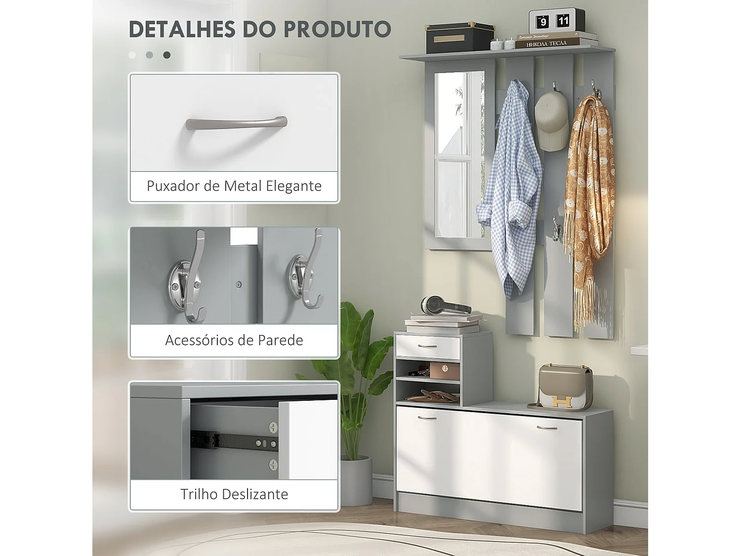 Conjunto de Entrada Dhyana Cinza e Branco - Móvel Multifuncional com Sapateira, Espelho e Cabide
