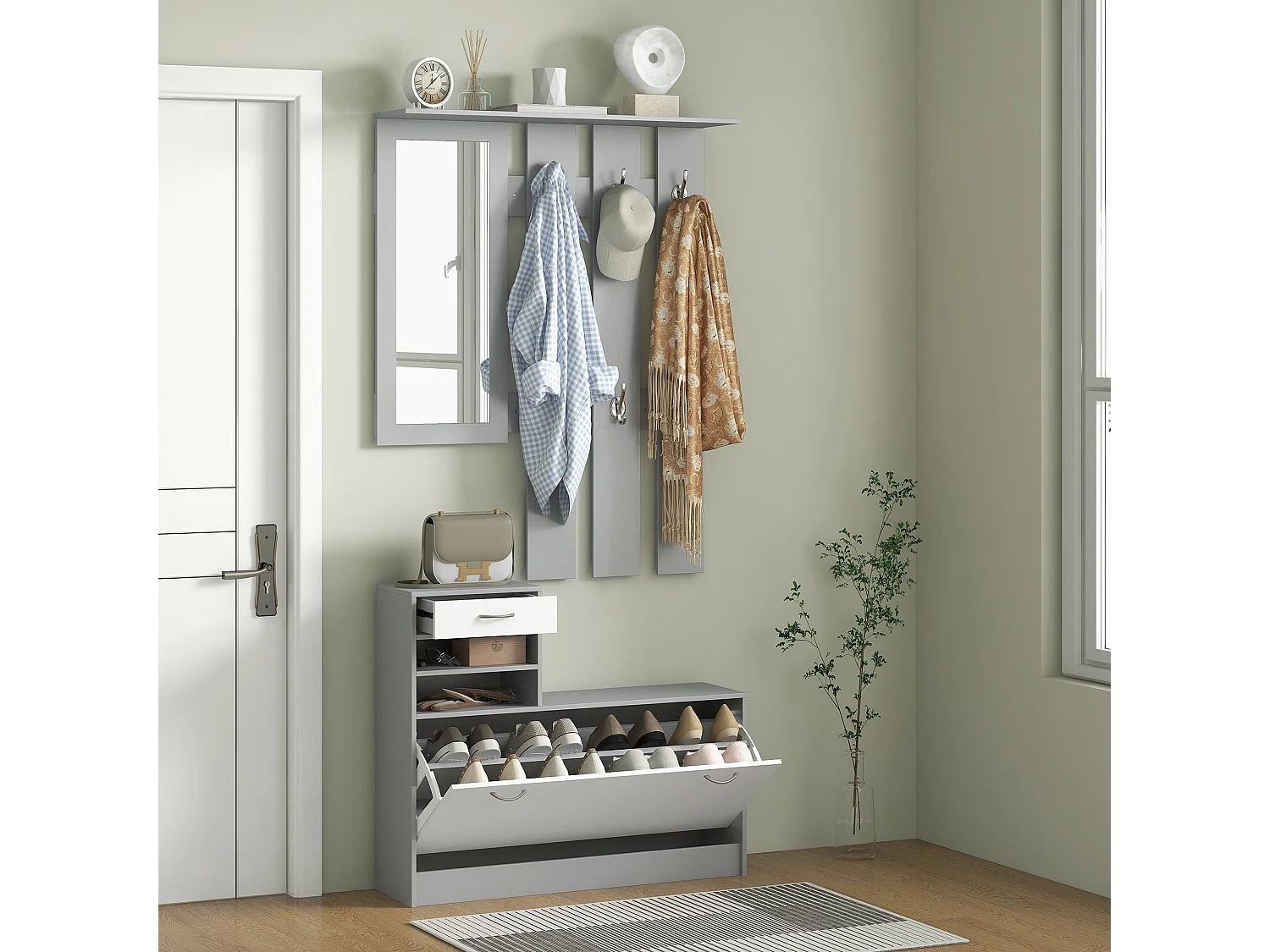 Conjunto de Entrada Dhyana Cinza e Branco - Móvel Multifuncional com Sapateira, Espelho e Cabide