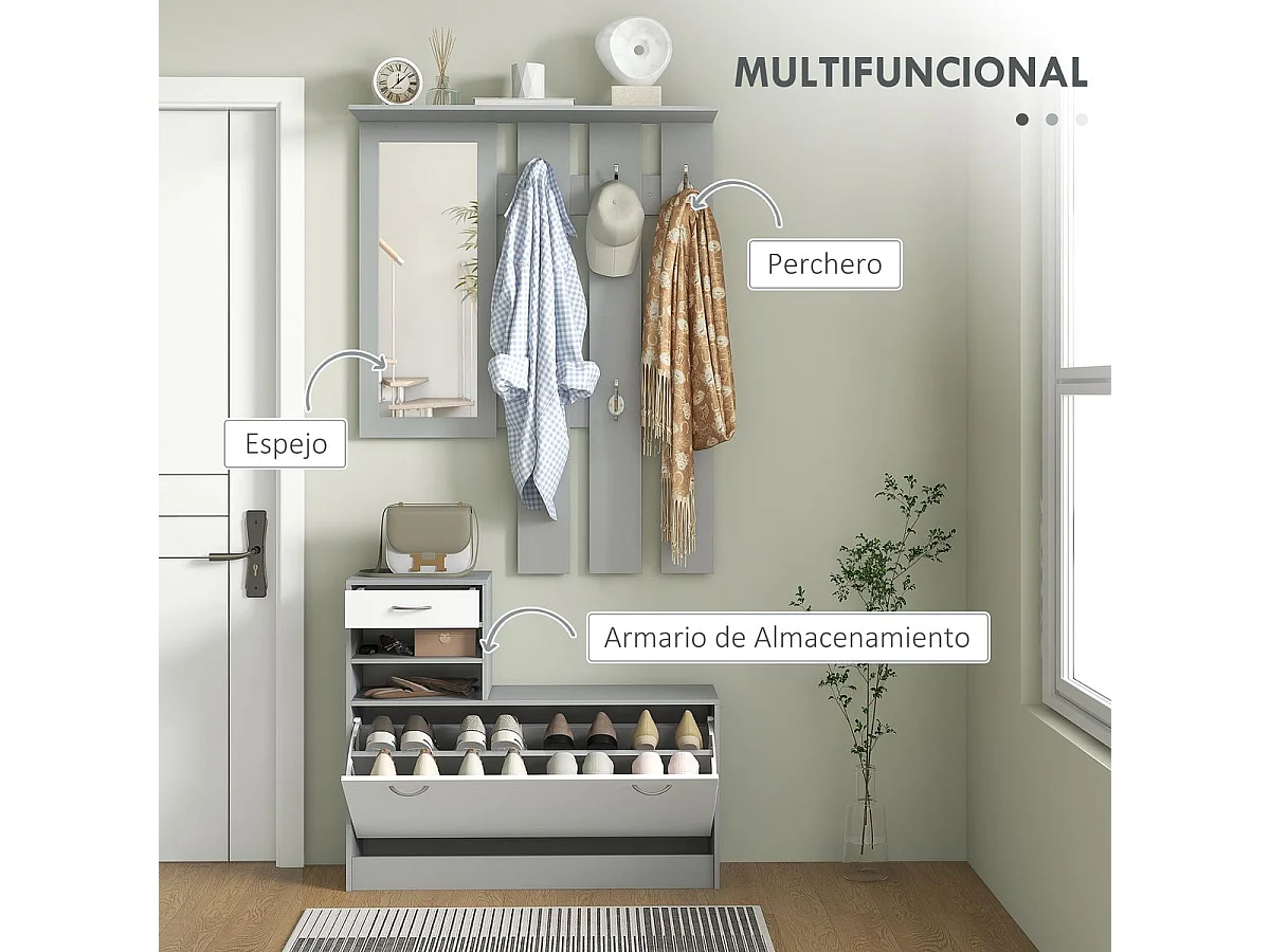 Conjunto de Entrada Dhyana Cinza e Branco - Móvel Multifuncional com Sapateira, Espelho e Cabide