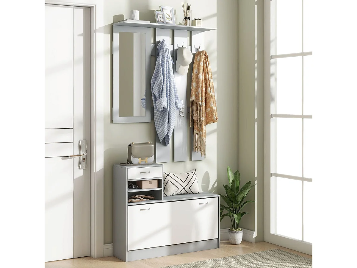 Recibidor Línea Homcom espejo con ganchos y zapatero gris