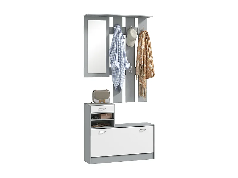 Conjunto de Entrada Dhyana Cinza e Branco - Móvel Multifuncional com Sapateira, Espelho e Cabide