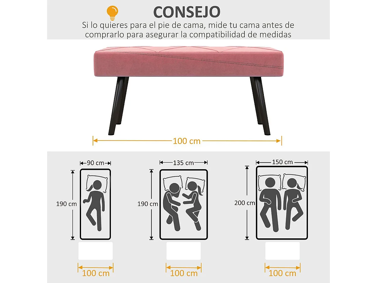 Banqueta Zure Homcom acolchada rosa 45x100x36 cm