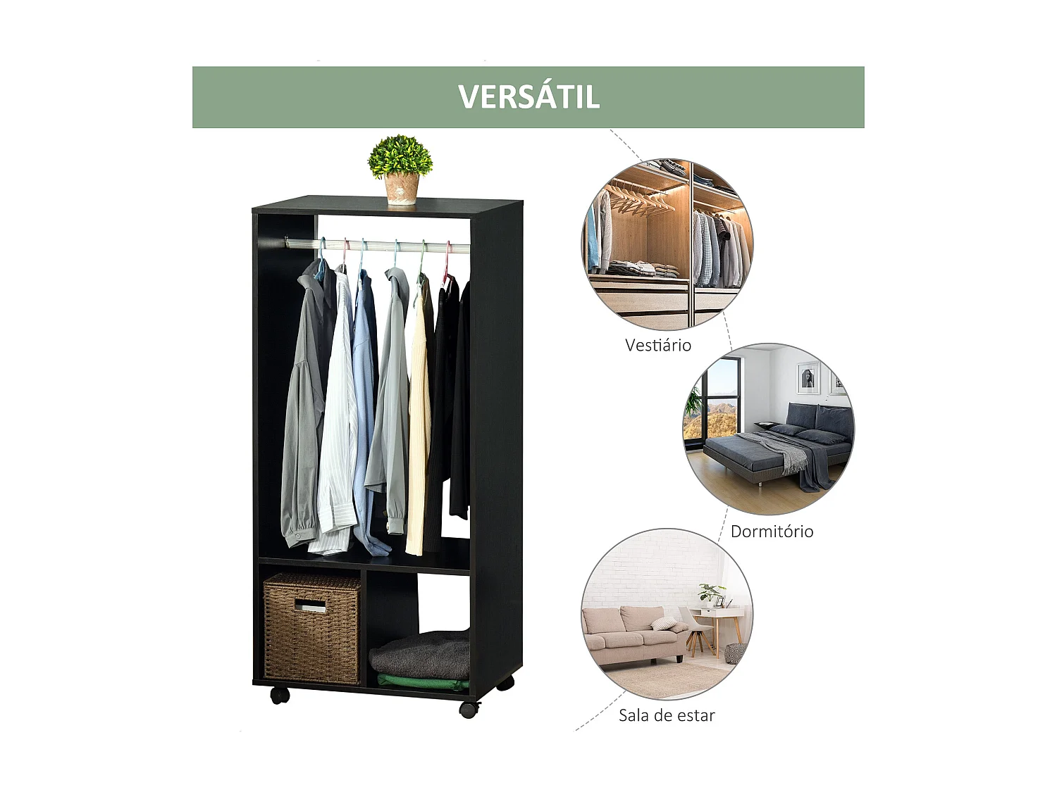 Armario abierto Kirk Homcom 1 barra + 2 estantes + ruedas negro 128x60x40 cm