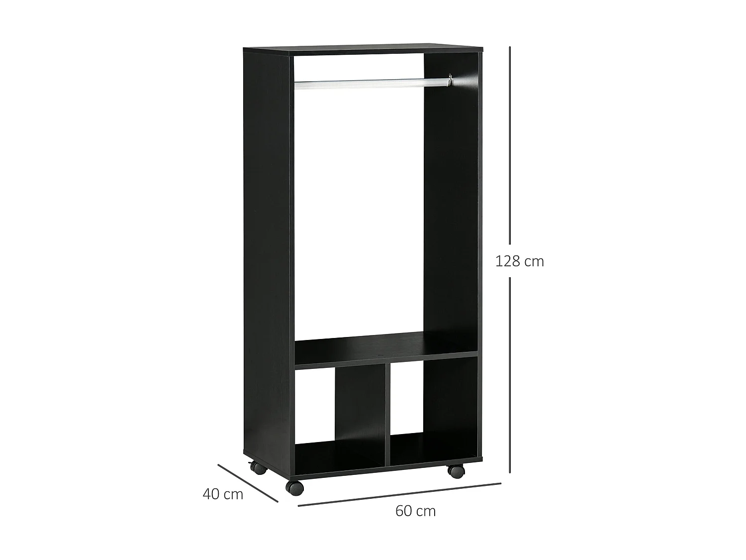 Armario abierto Kirk Homcom 1 barra + 2 estantes + ruedas negro 128x60x40 cm