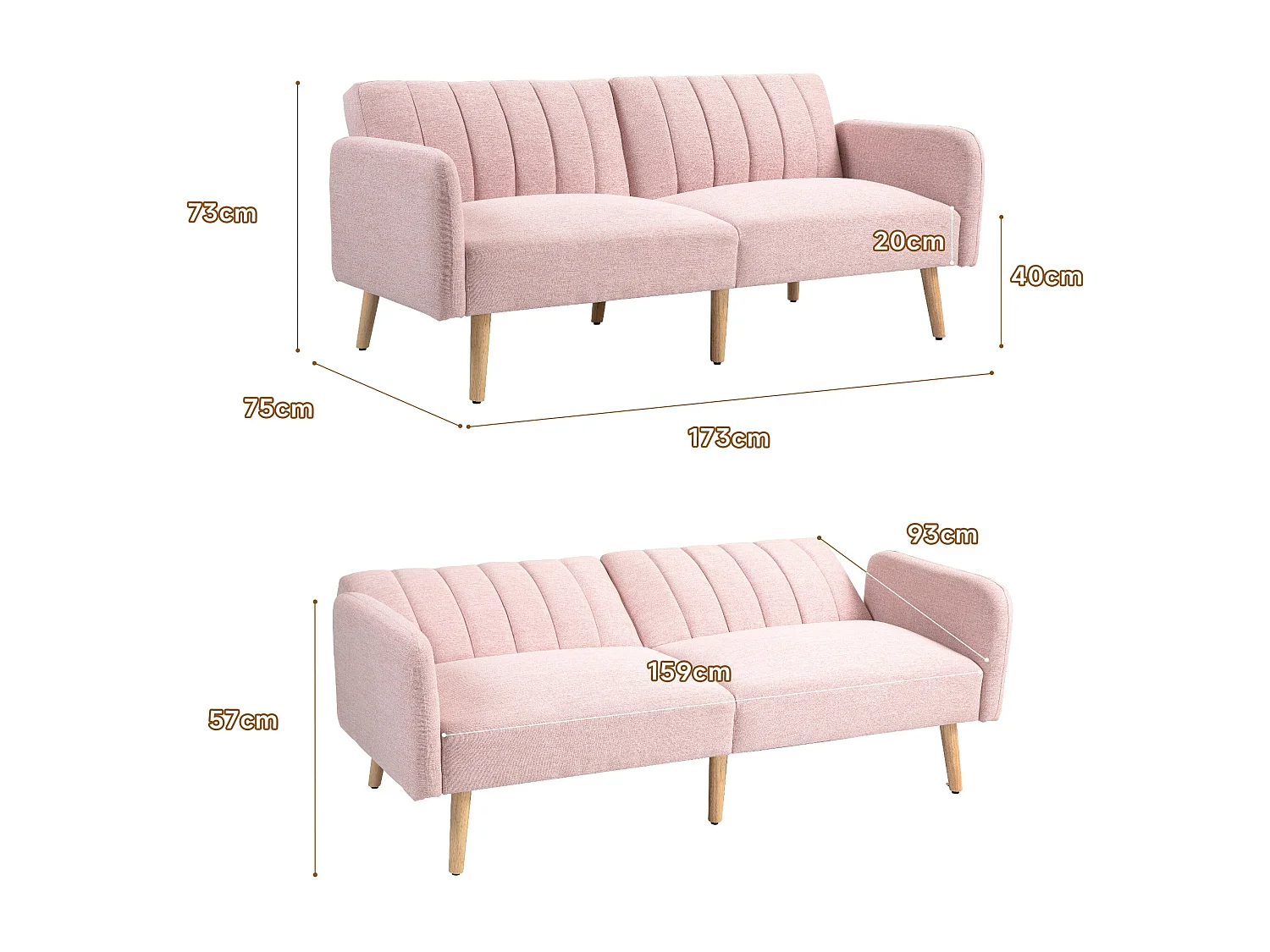 Sofá Cama Rosa de 2 Lugares com Encosto Ajustável - Elegância Escandinava