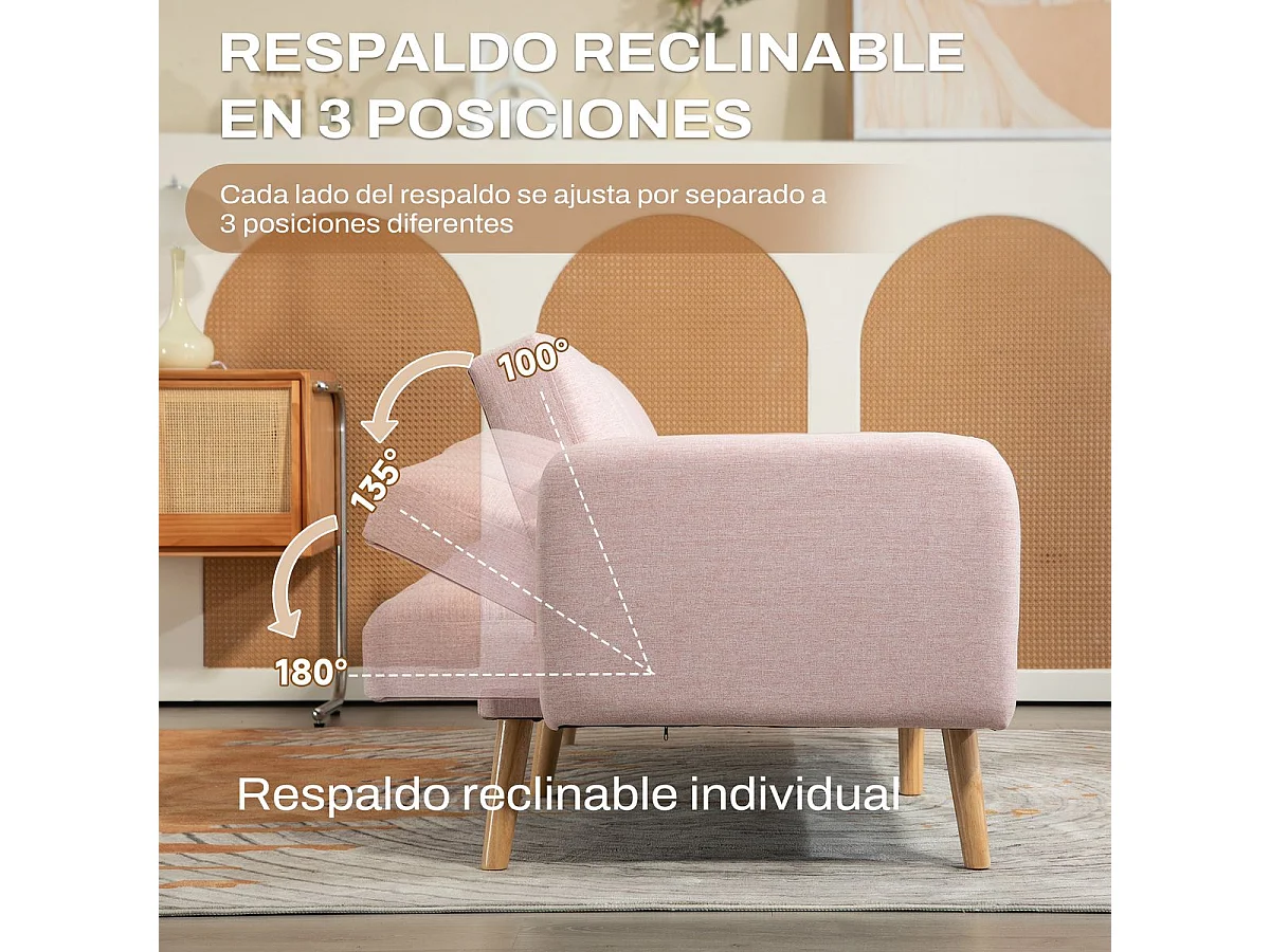 Sofá Cama Rosa de 2 Lugares com Encosto Ajustável - Elegância Escandinava