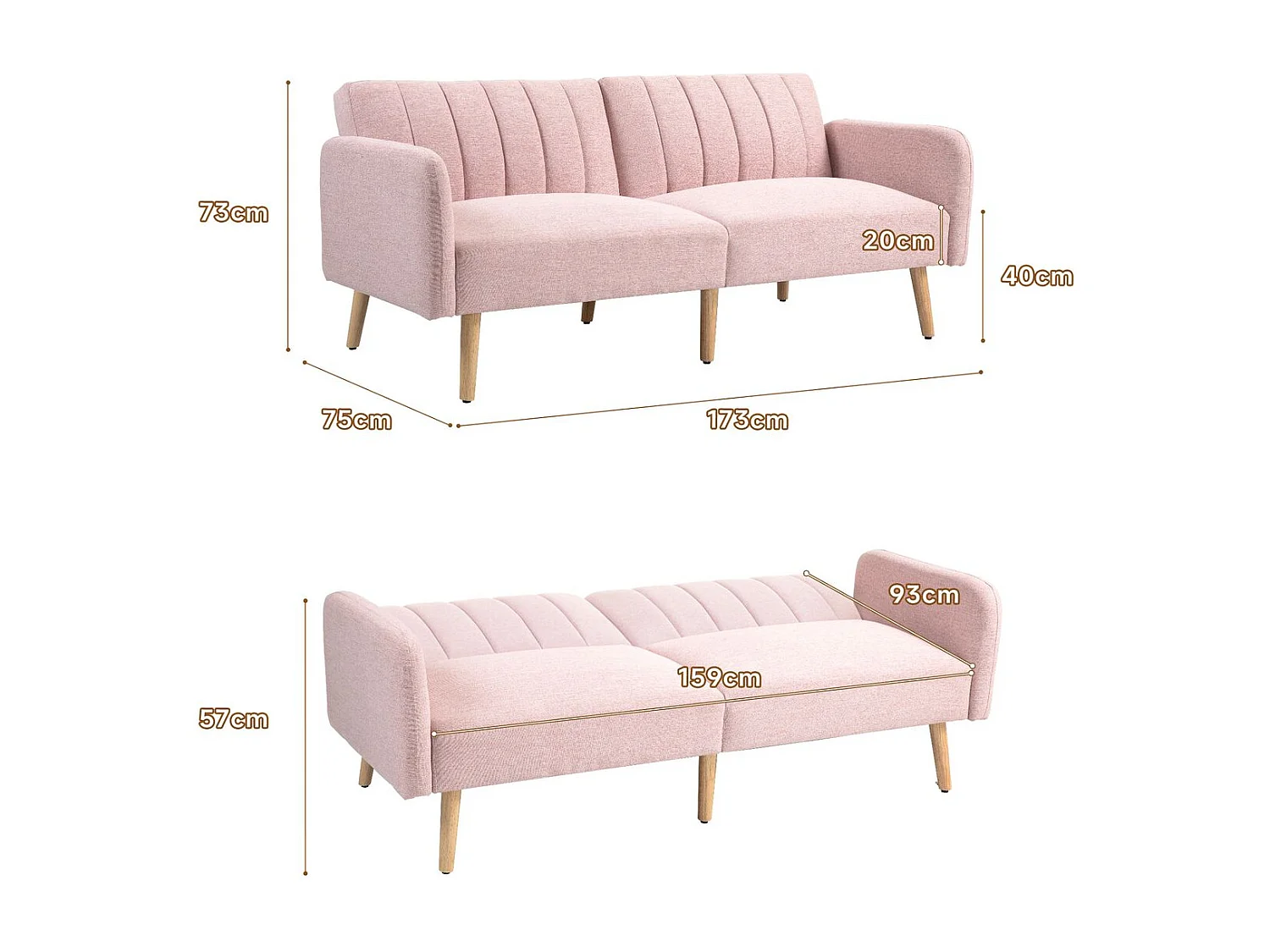 Sofá Cama Rosa de 2 Lugares com Encosto Ajustável - Elegância Escandinava