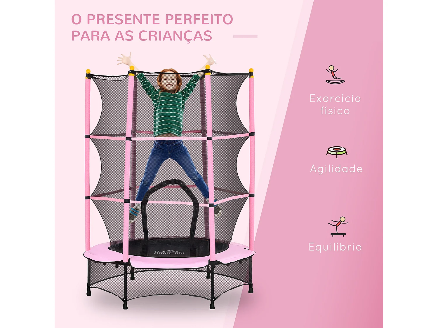 Cama elástica Jump Homcom entrada con cremallera y red de seguridad rosa Ø140x190 cm