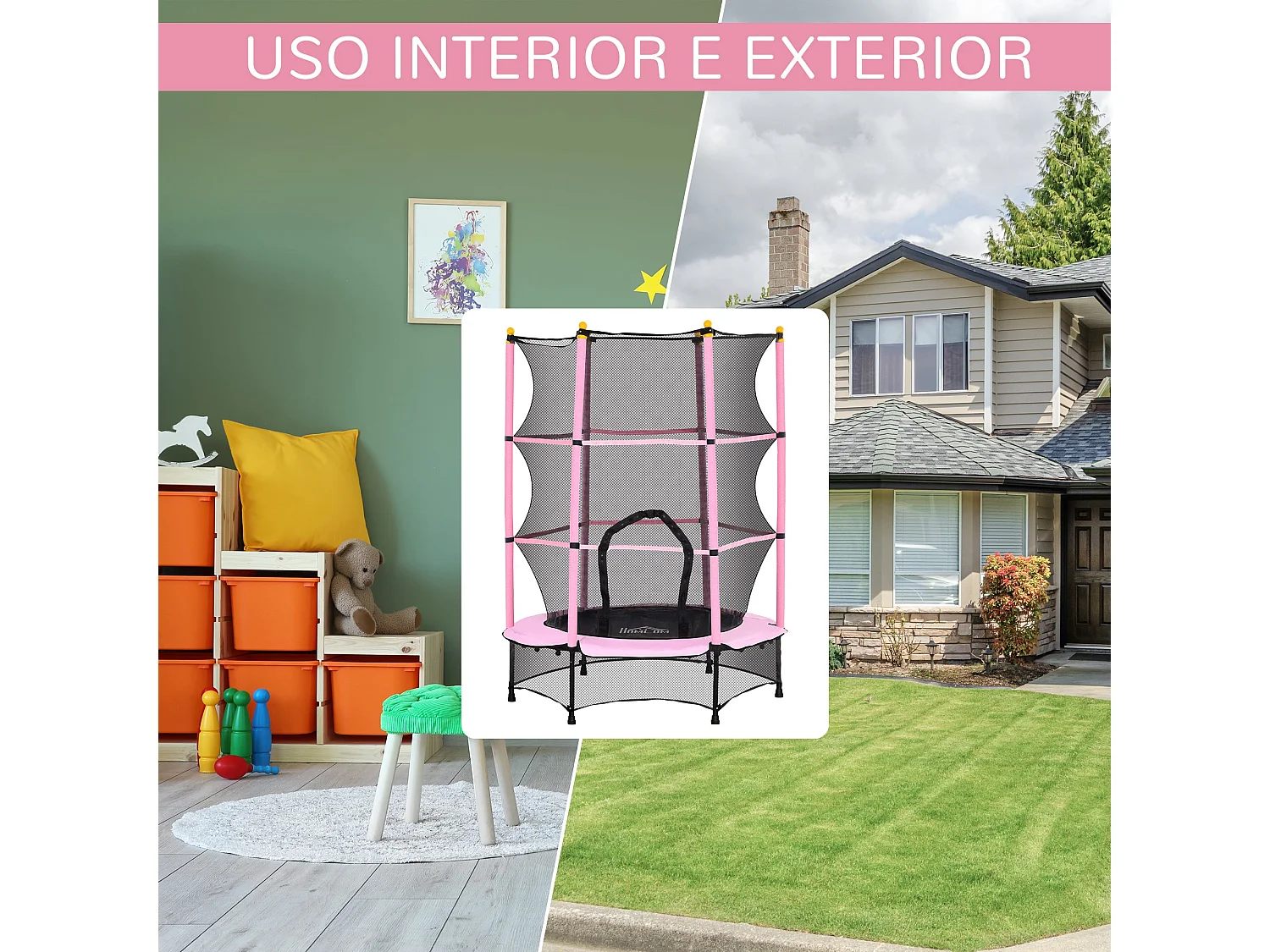 Cama elástica Jump Homcom entrada con cremallera y red de seguridad rosa Ø140x190 cm