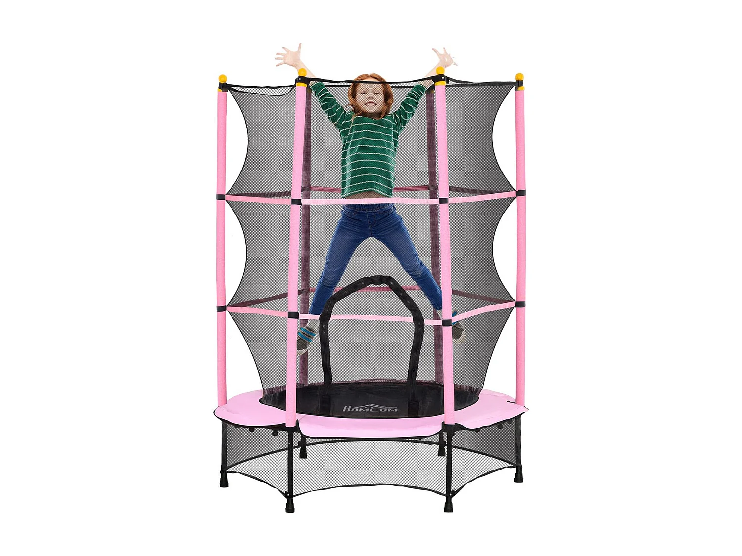 Cama elástica Jump Homcom entrada con cremallera y red de seguridad rosa Ø140x190 cm