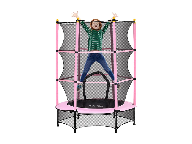 Cama elástica Jump Homcom entrada con cremallera y red de seguridad rosa Ø140x190 cm