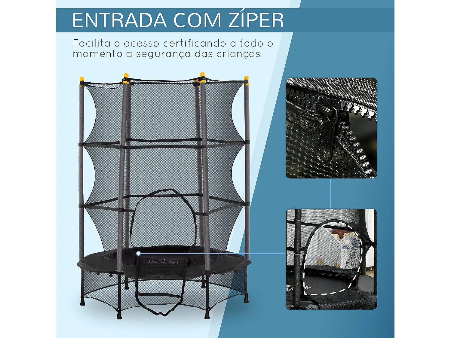 Cama elástica Jump Homcom entrada con cremallera y red de seguridad negro Ø140x190 cm