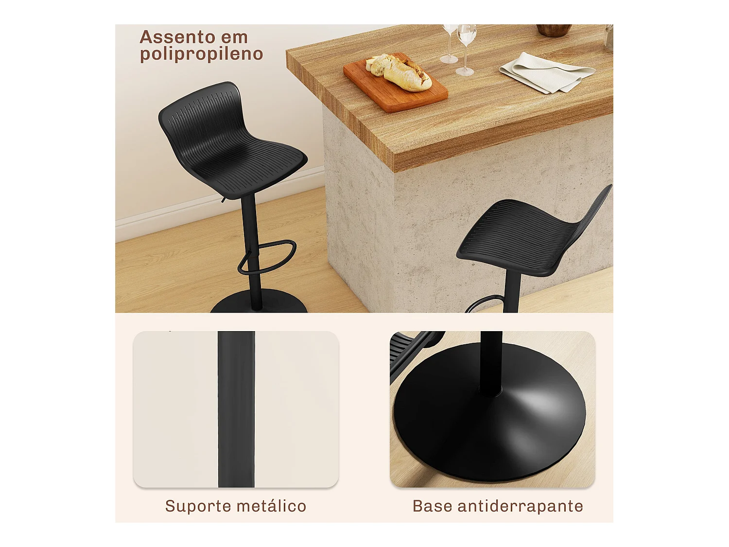 Pack de 2 taburetes Tutu Homcom altura ajustable giratorios negro 16,5-97,5x38,5x40 cm