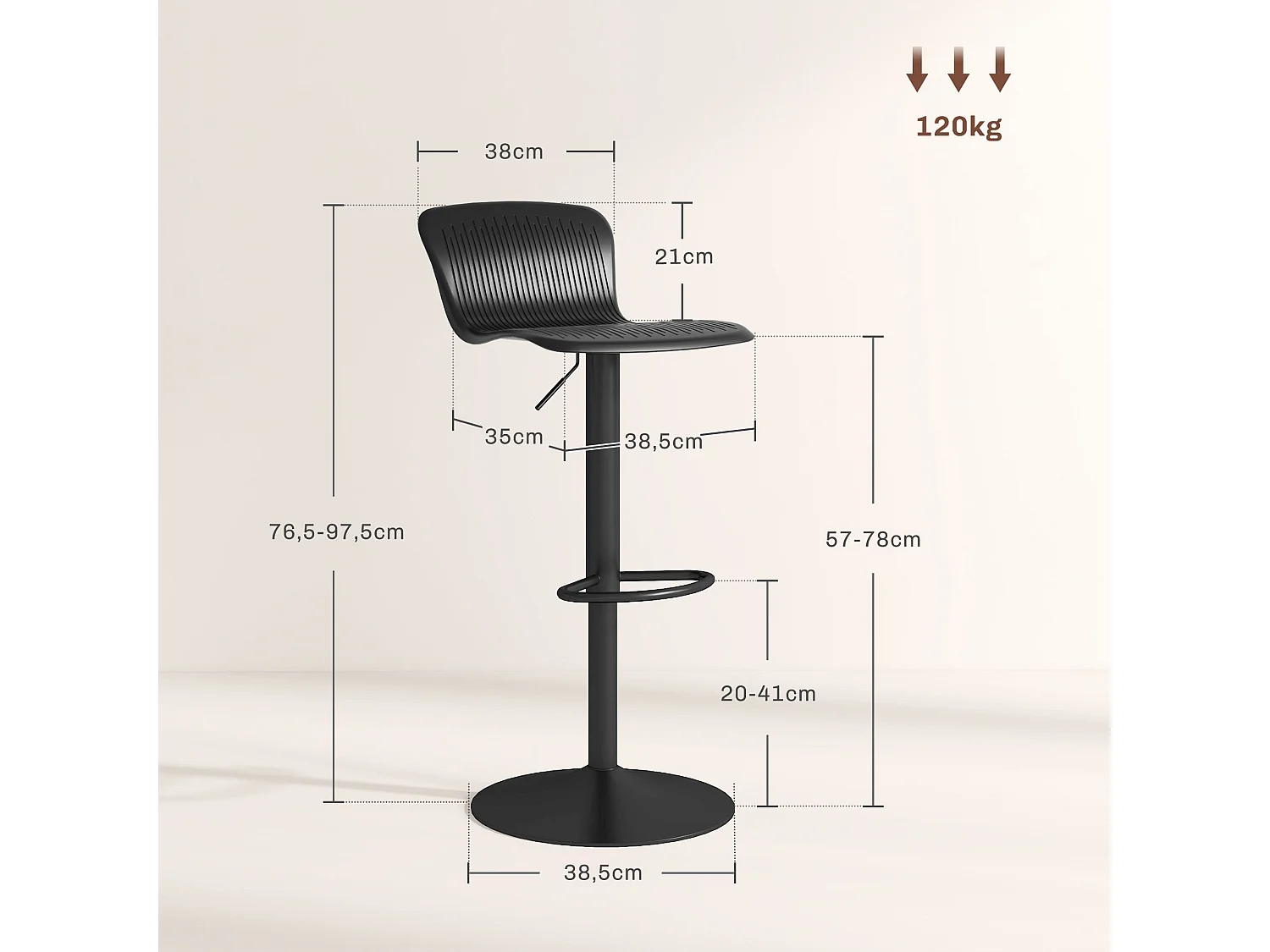 Pack de 2 taburetes Tutu Homcom altura ajustable giratorios negro 16,5-97,5x38,5x40 cm