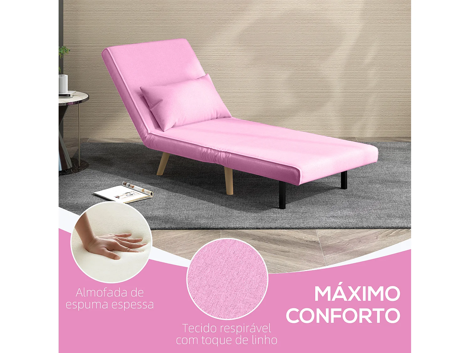 Sofá cama Brave Homcom respaldo ajustable 5 posiciones rosa 85x72x75 cm