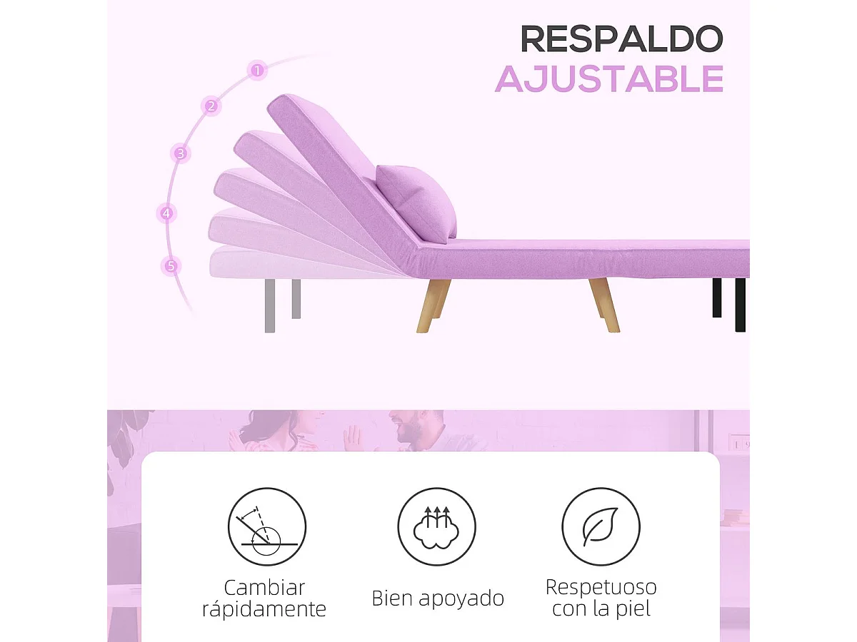 Sofá Cama Individual Estofado em Linho Rosa com Encosto Ajustável e Almofada - Modelo Biarritz 72x75x85 cm