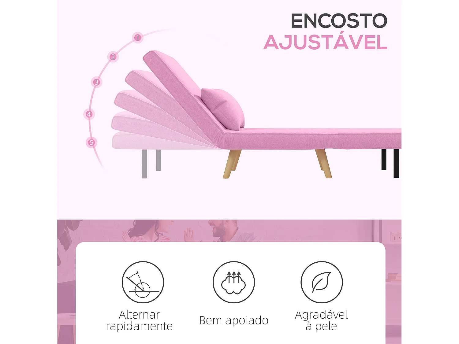 Sofá Cama Individual Estofado em Linho Rosa com Encosto Ajustável e Almofada - Modelo Biarritz 72x75x85 cm