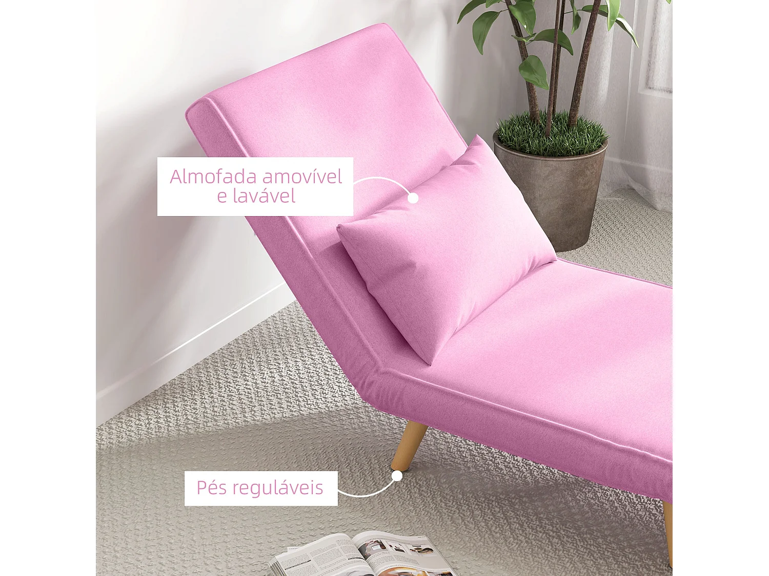 Sofá cama Brave Homcom respaldo ajustable 5 posiciones rosa 85x72x75 cm