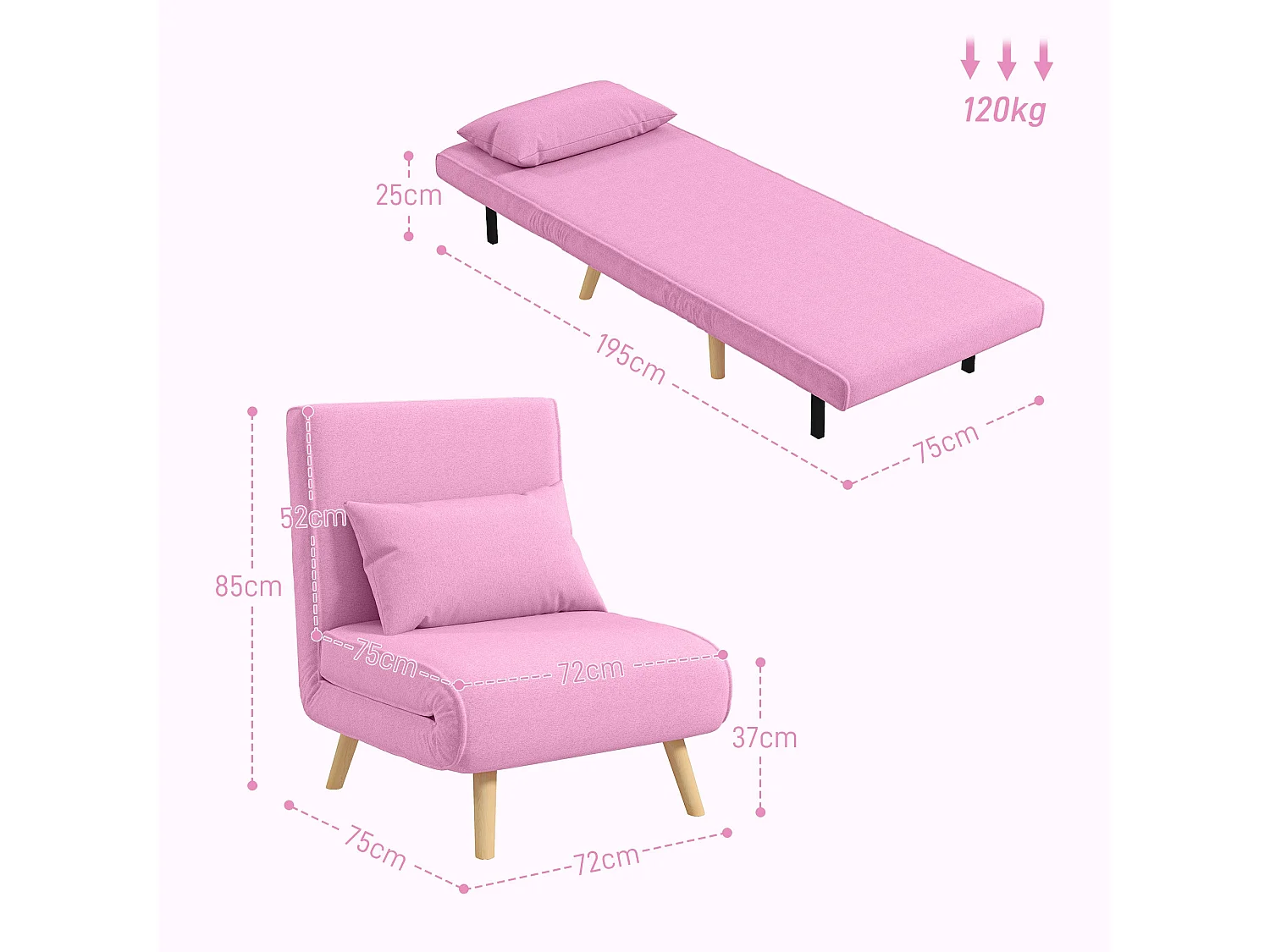 Sofá cama Brave Homcom respaldo ajustable 5 posiciones rosa 85x72x75 cm