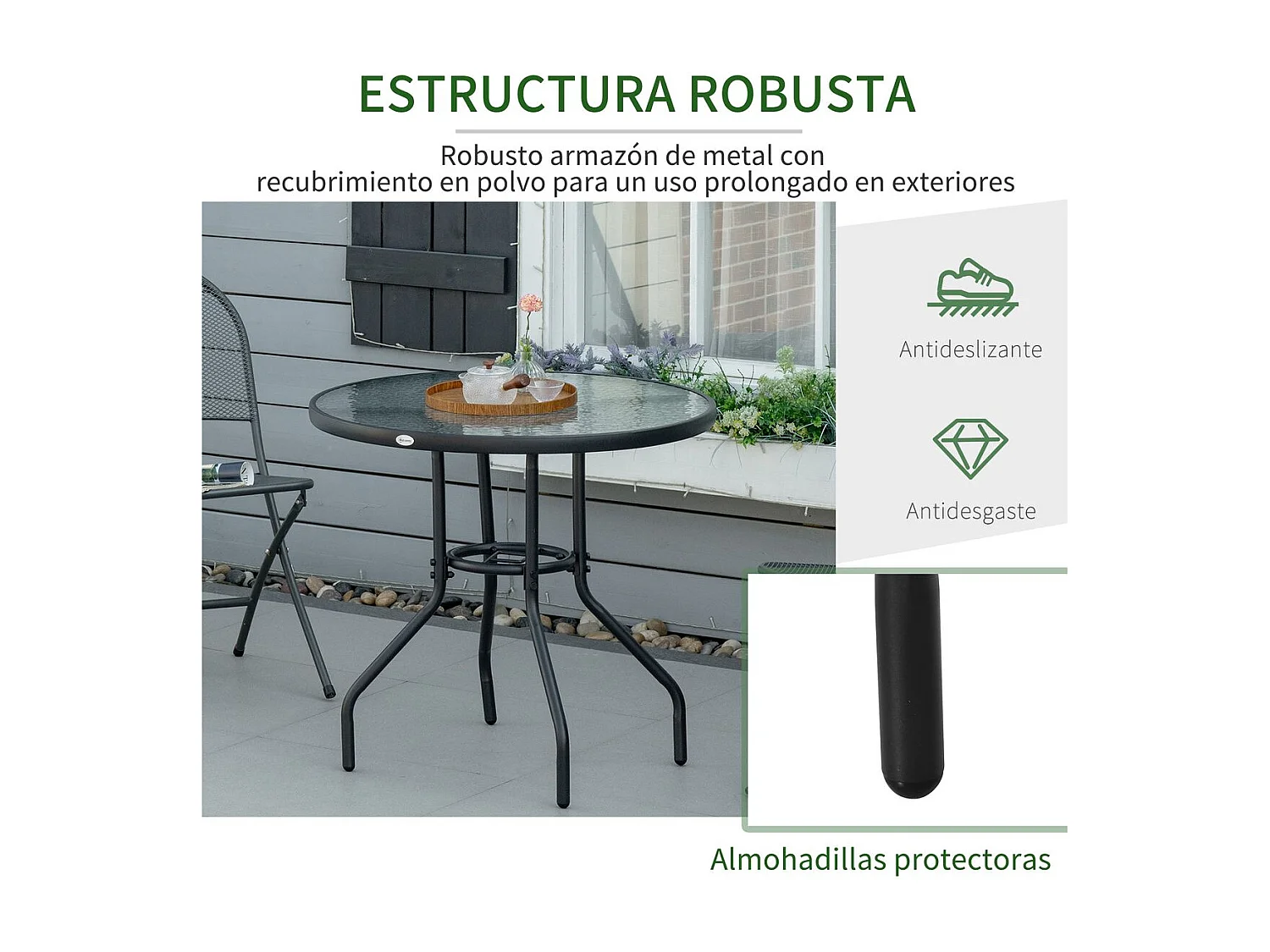 Mesa de jardín Stoke Outsunny redonda con agujero para sombrilla negro Ø80x72 cm