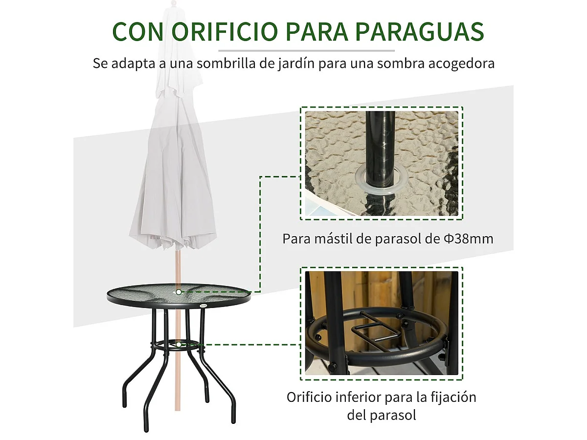 Mesa de jardín Stoke Outsunny redonda con agujero para sombrilla negro Ø80x72 cm
