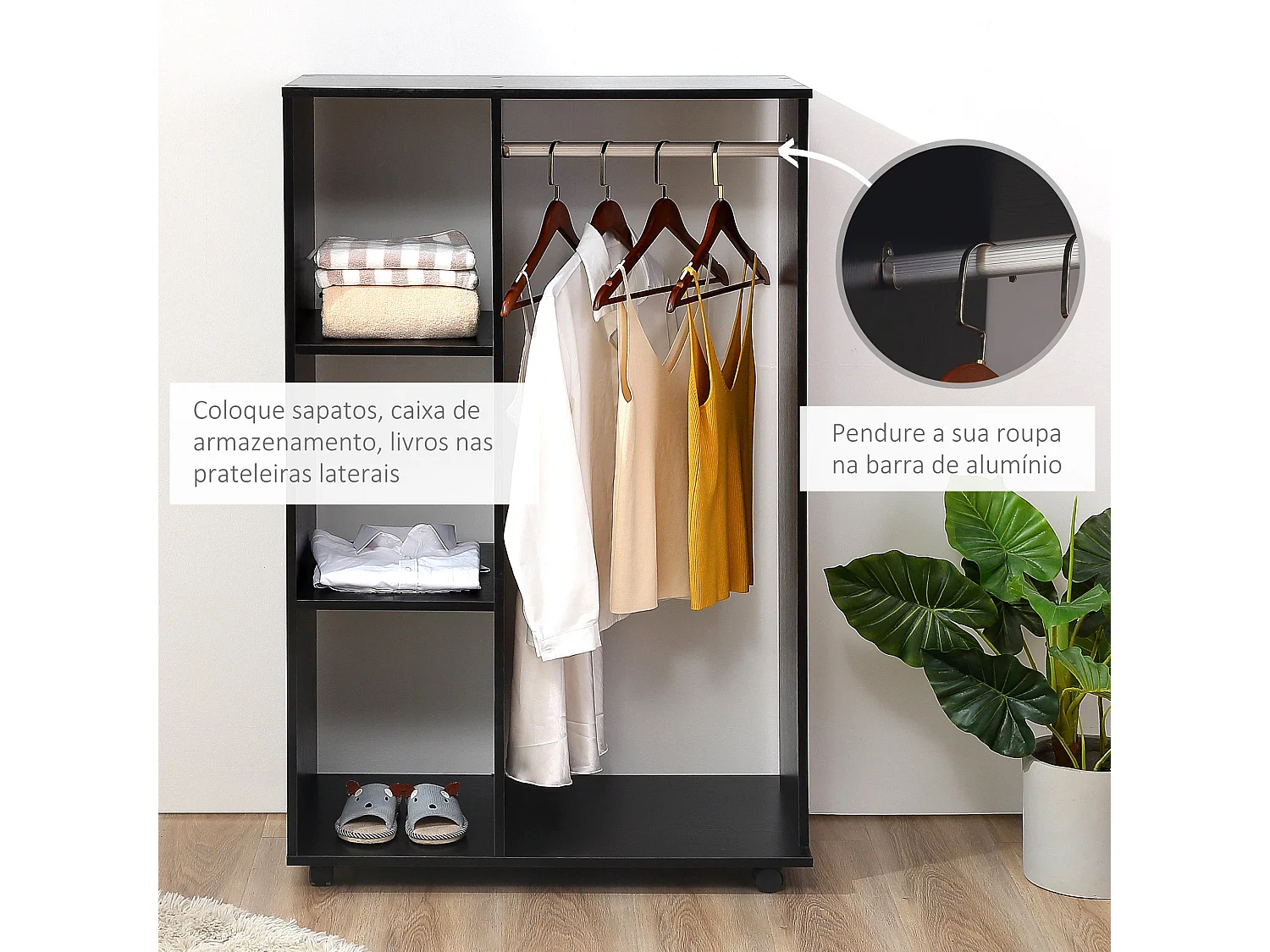 Roupeiro Aberto Oslo com Prateleiras e Barra para Pendurar - 80x40x128 cm - Preto Moderno