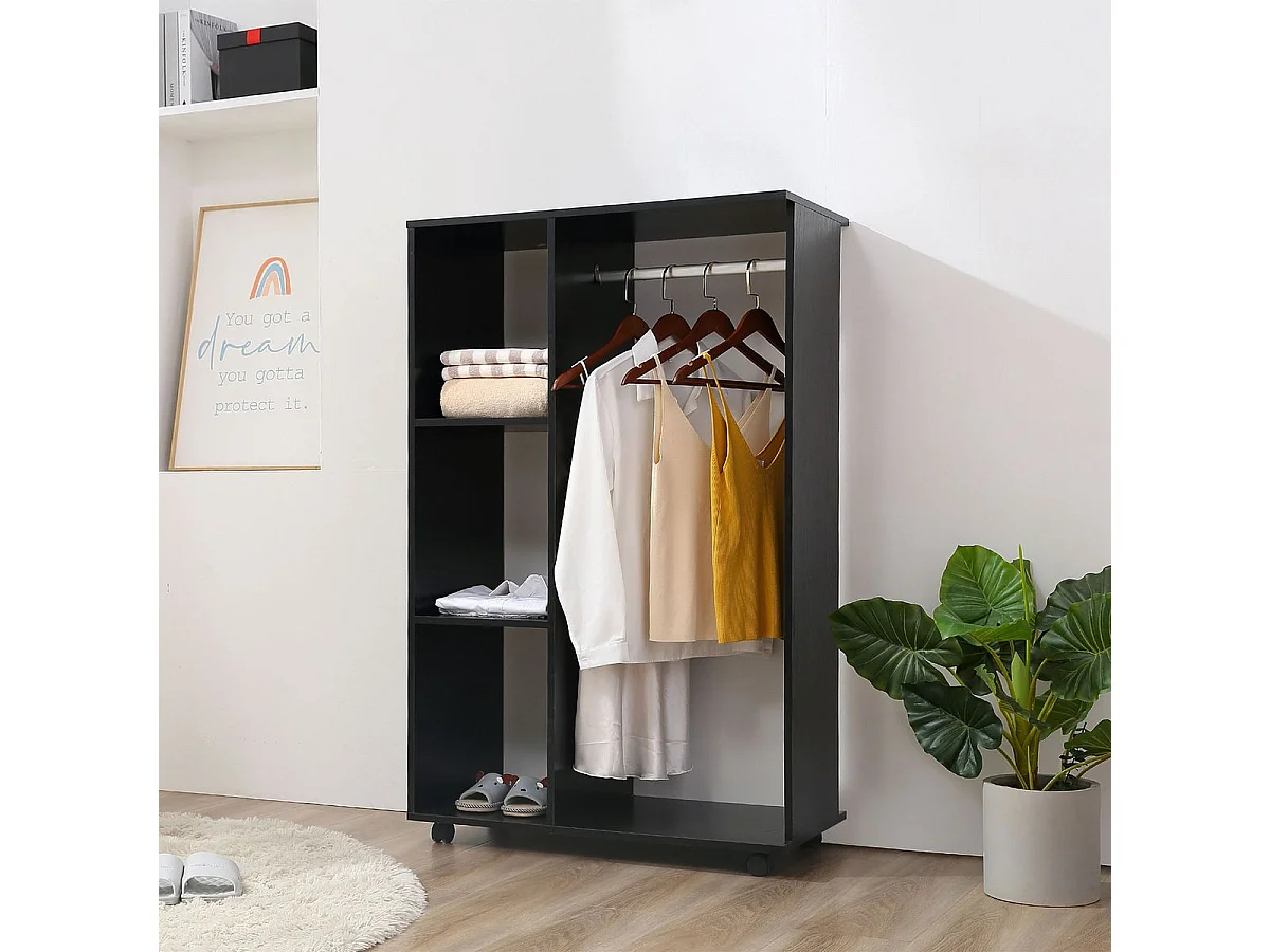 Armario abierto Zayn Homcom 1 barra + 3 estantes + ruedas negro 128x80x40 cm