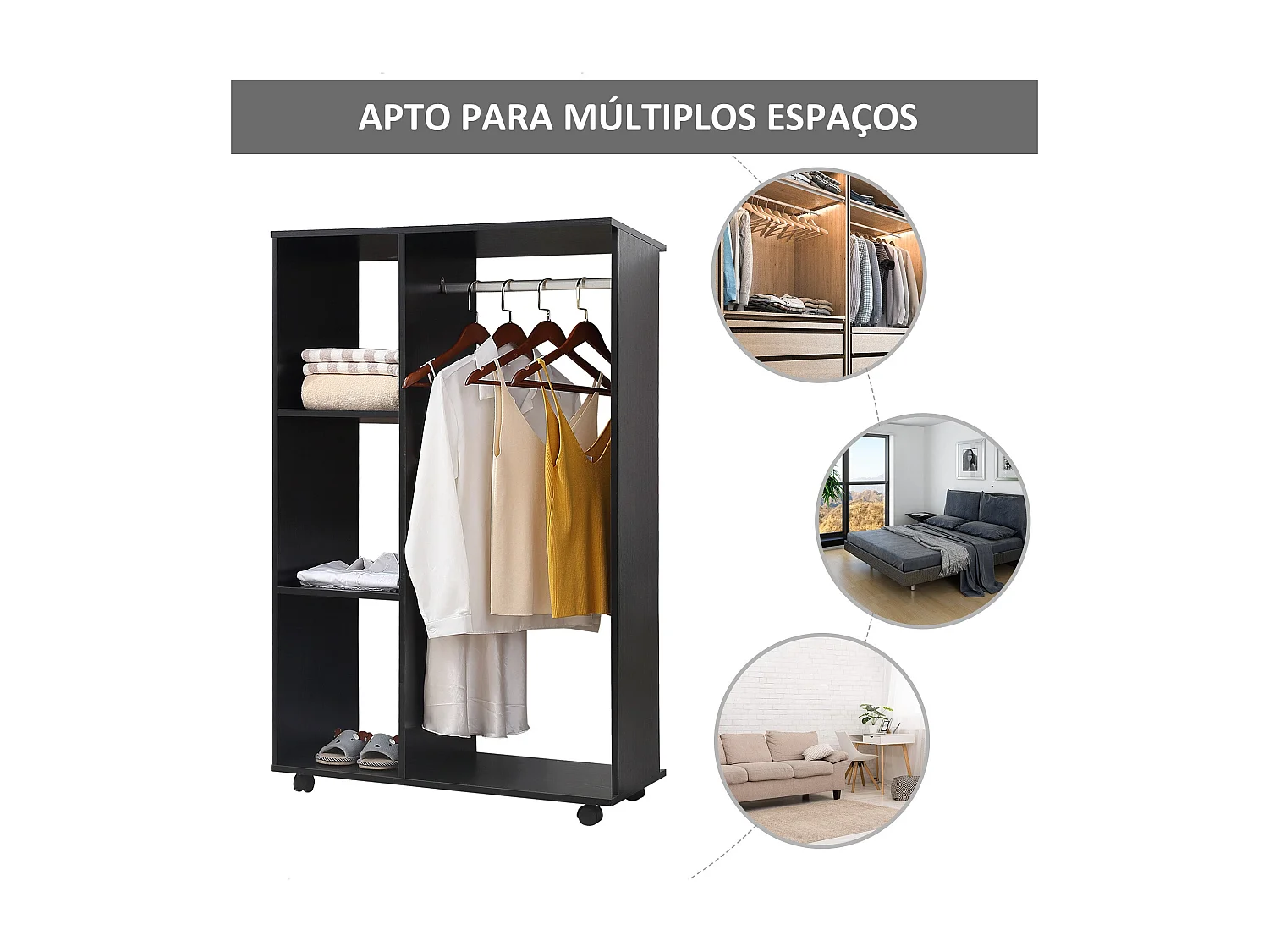 Armario abierto Zayn Homcom 1 barra + 3 estantes + ruedas negro 128x80x40 cm