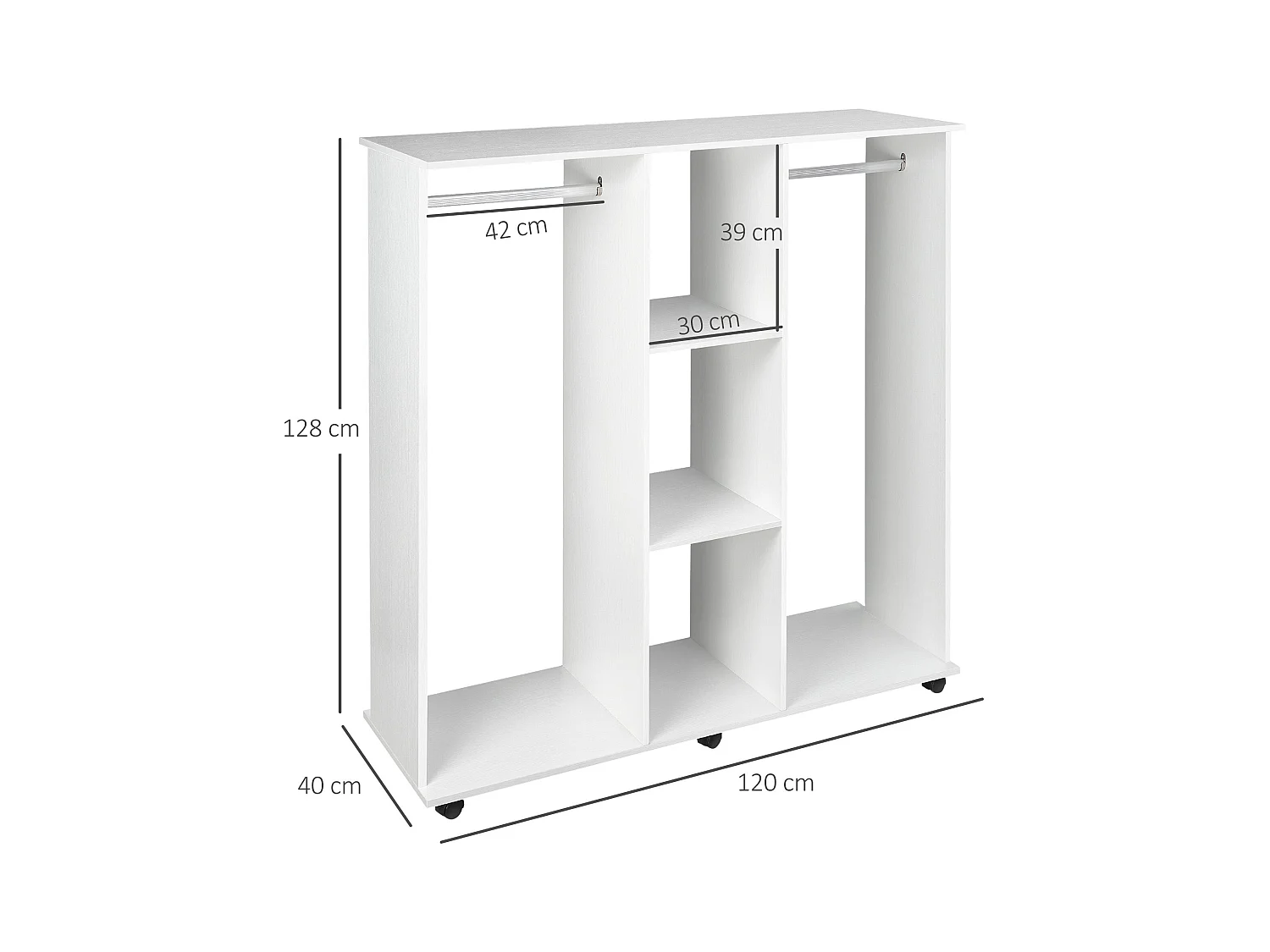 Armario abierto Nova Homcom 3 estantes + 2 barras + ruedas blanco 128x120x40cm