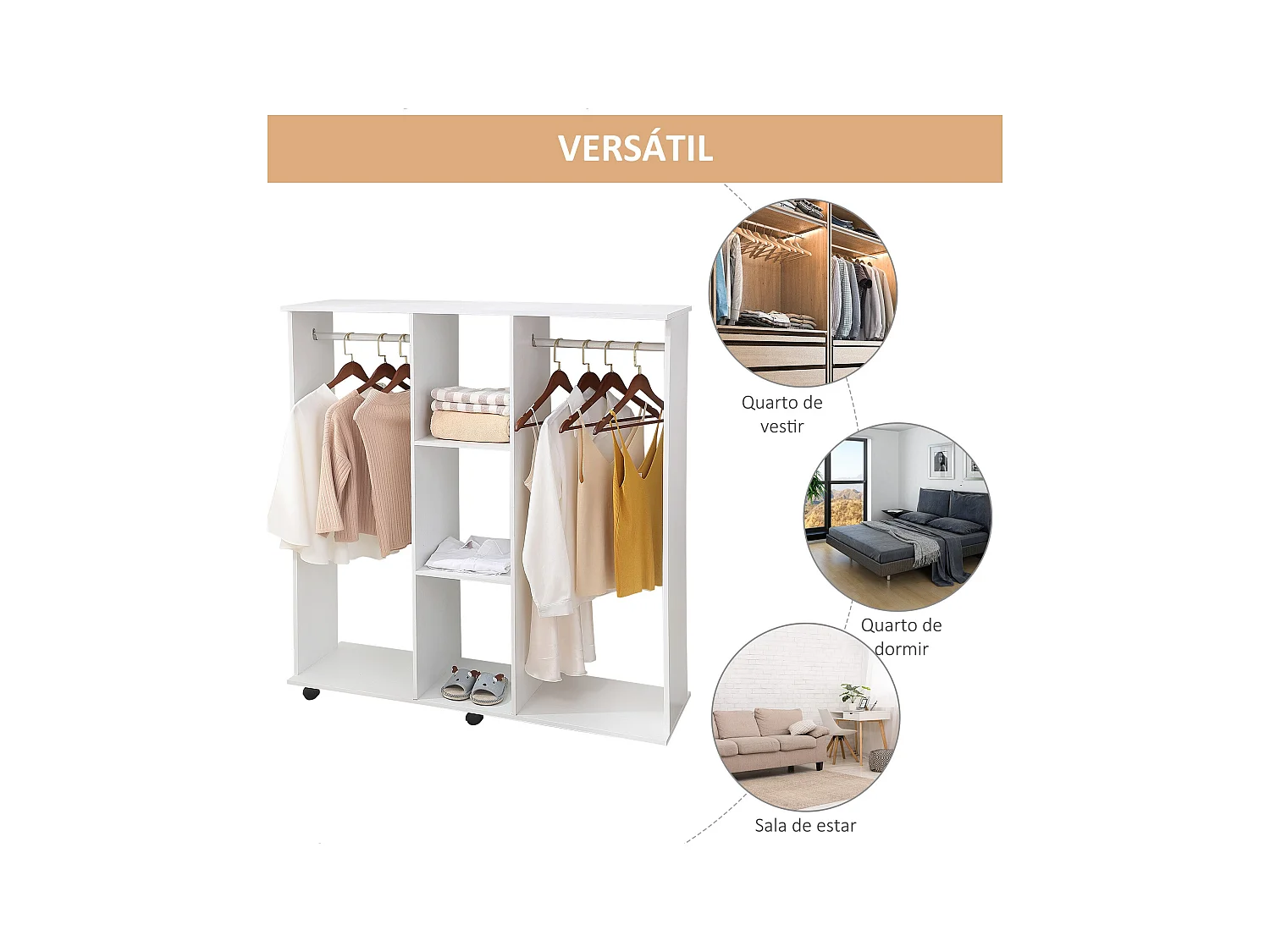 Armario abierto Nova Homcom 3 estantes + 2 barras + ruedas blanco 128x120x40cm