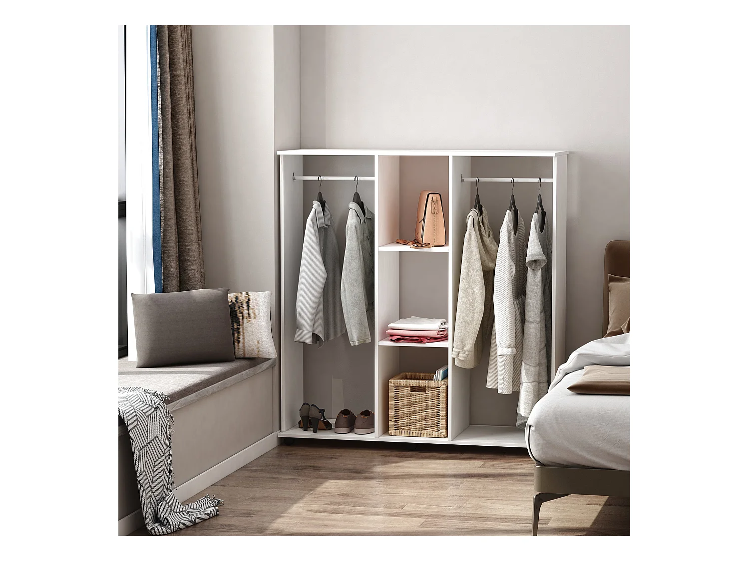 Armario abierto Nova Homcom 3 estantes + 2 barras + ruedas blanco 128x120x40cm