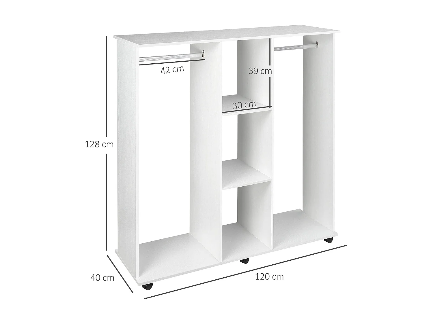 Armario abierto Nova Homcom 3 estantes + 2 barras + ruedas blanco 128x120x40cm