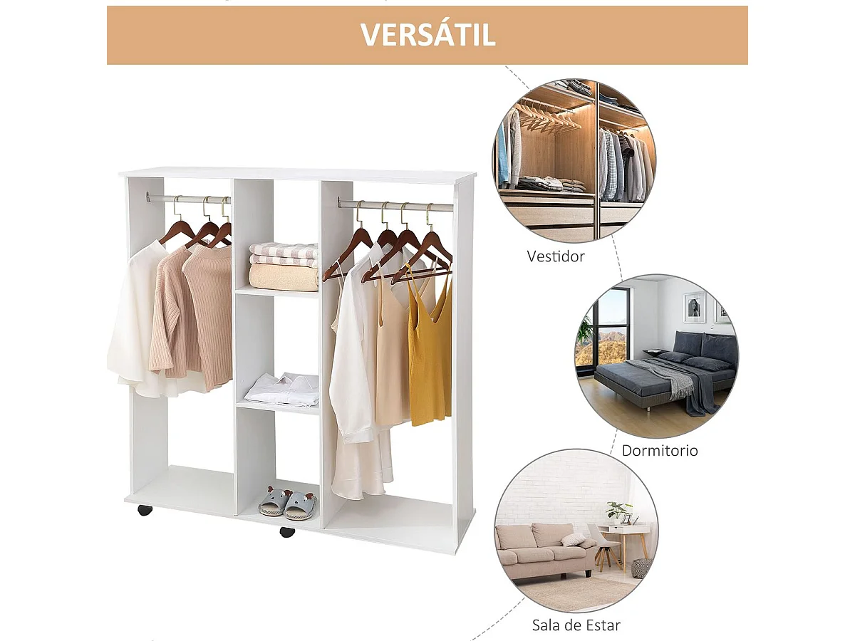 Armario abierto Nova Homcom 3 estantes + 2 barras + ruedas blanco 128x120x40cm