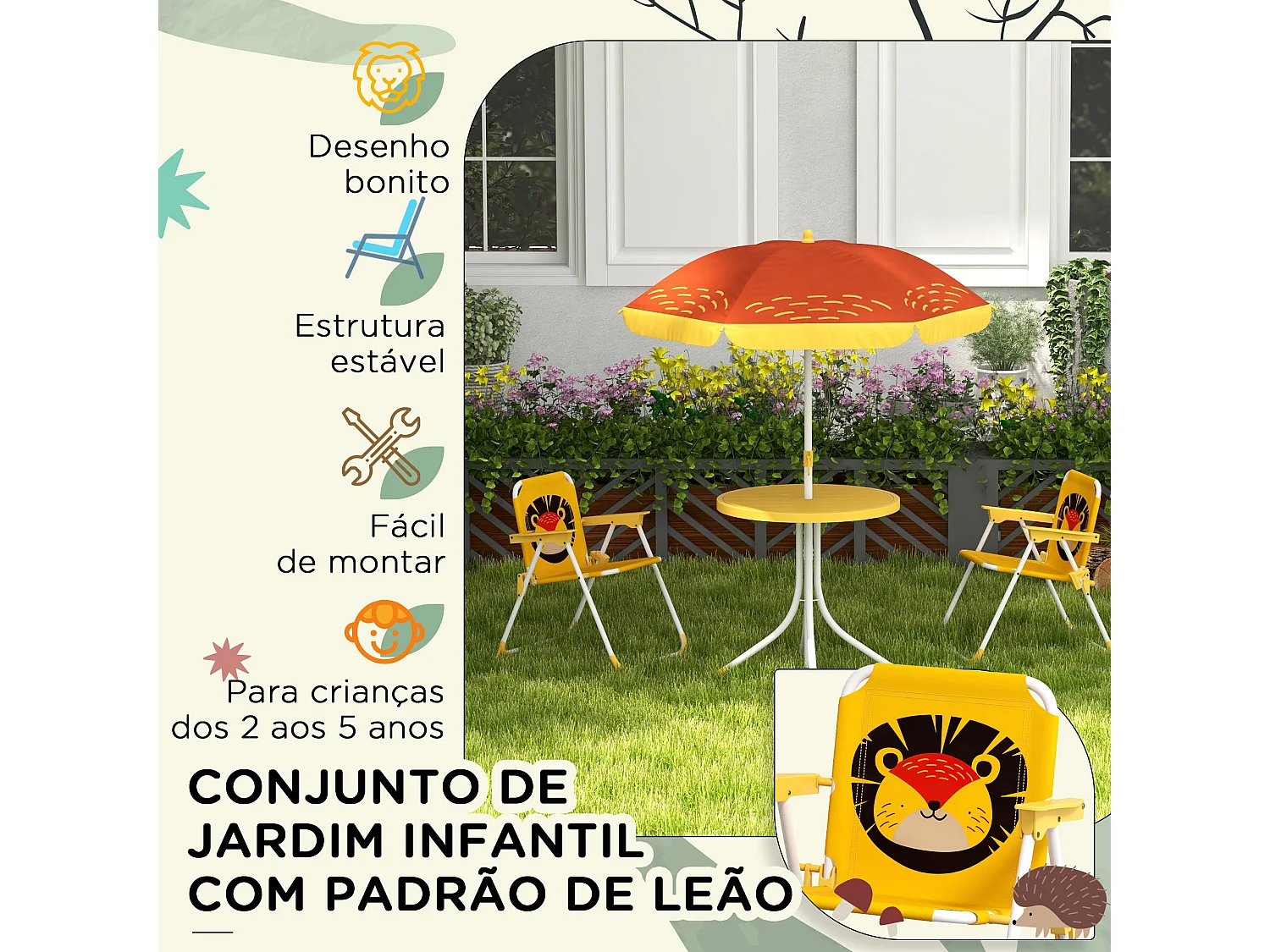 Conjunto de sombrilla + 2 sillas infantiles Lion Outsunny amarillo