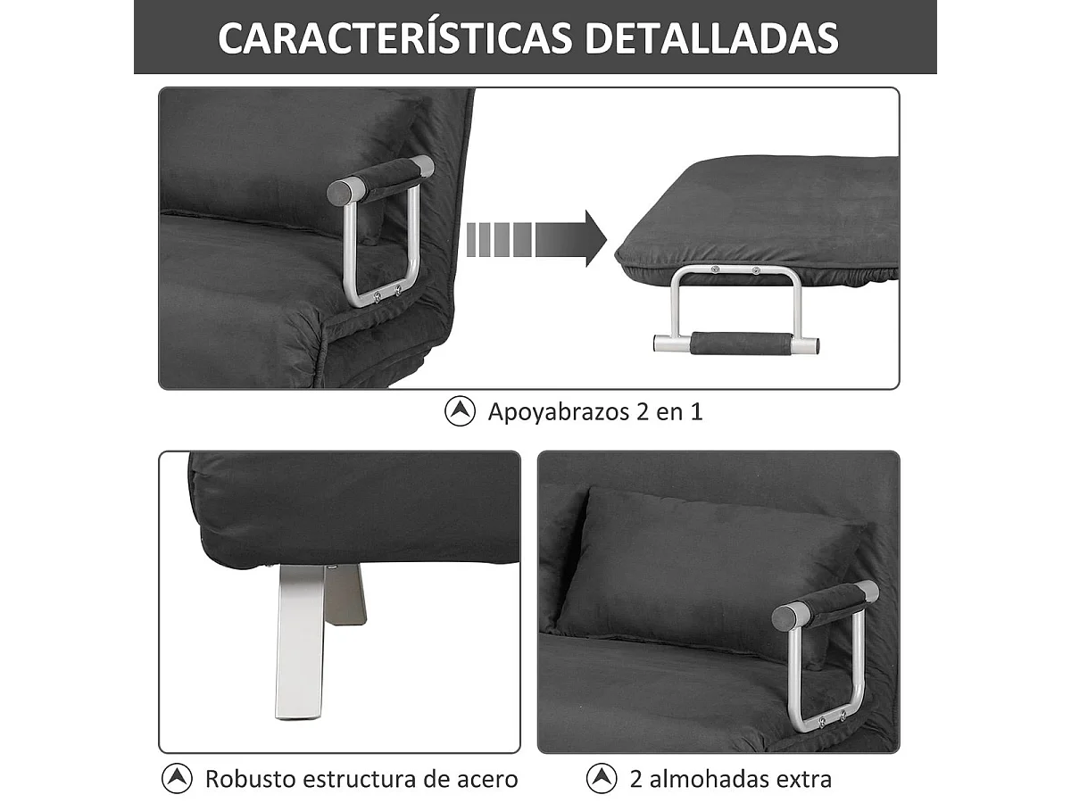 Sofá cama Lino Homcom 2 plazas respaldo ajustable gris 78x111x80 cm