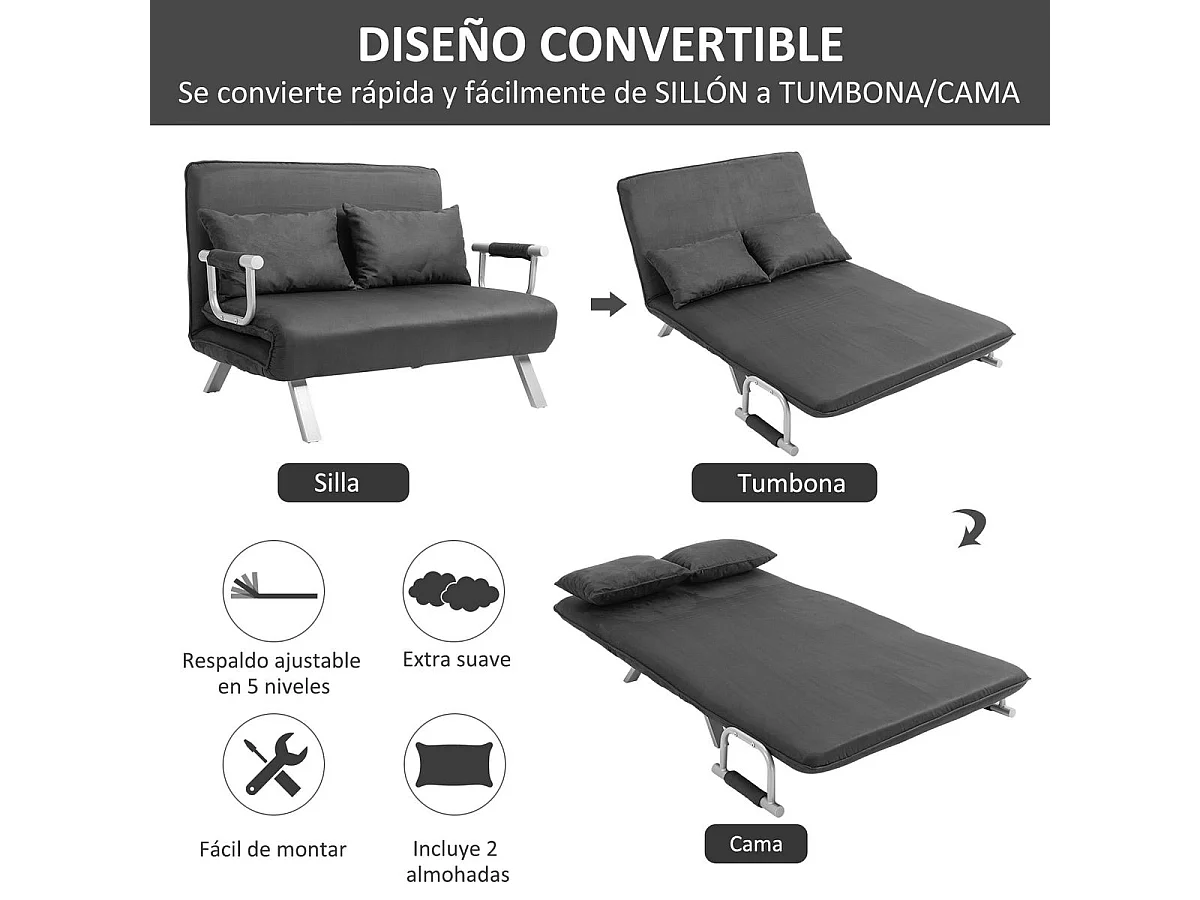 Sofá cama Lino Homcom 2 plazas respaldo ajustable gris 78x111x80 cm
