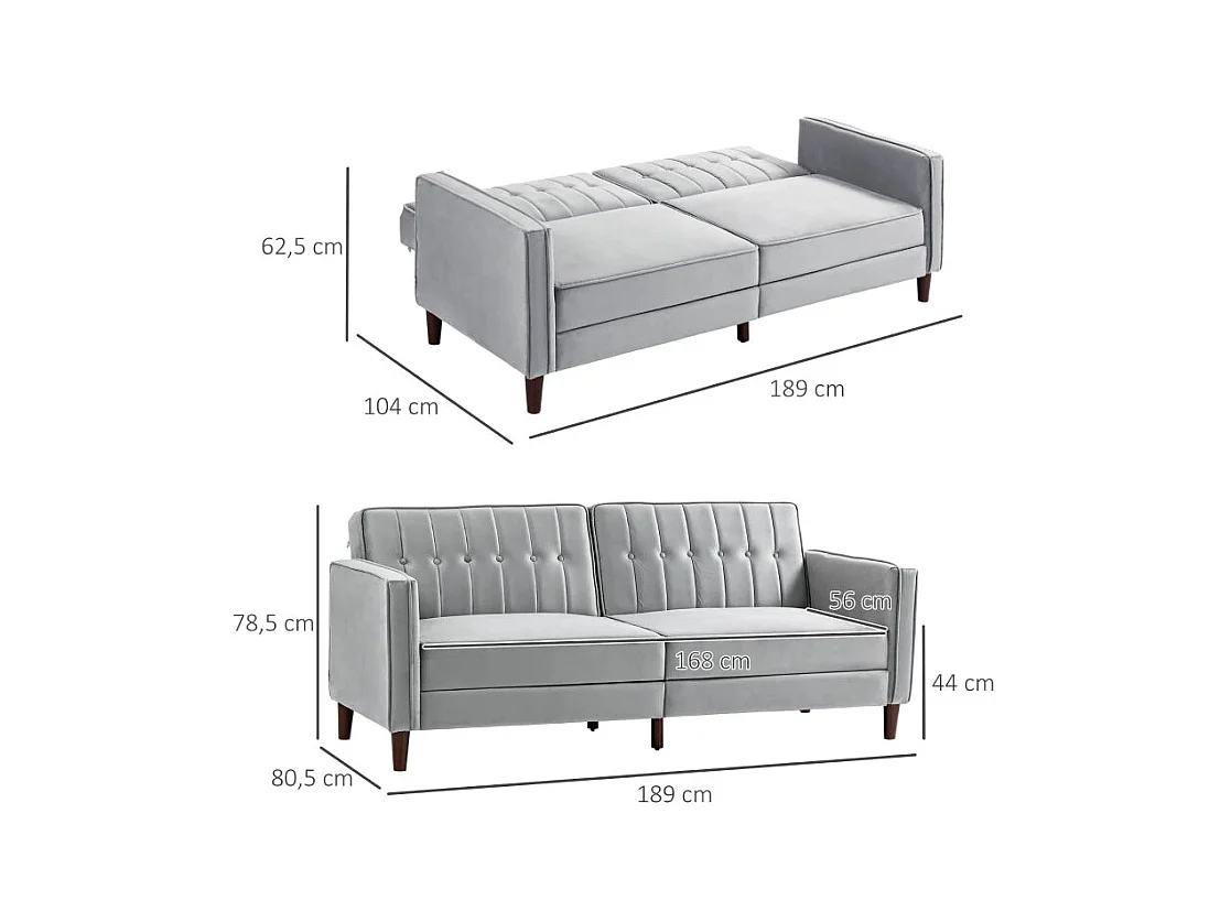 Sofá cama Paulo Homcom 3 plazas respaldo reclinable gris 78,5x189x80,5 cm