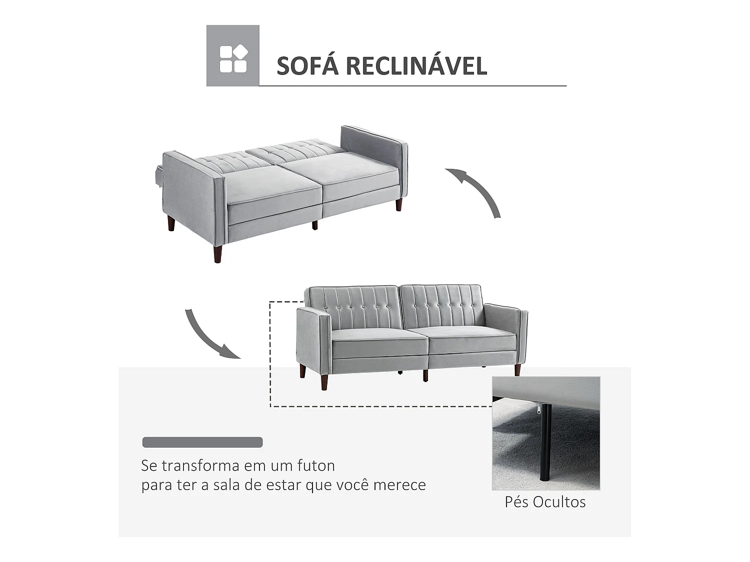 Sofá cama Paulo Homcom 3 plazas respaldo reclinable gris 78,5x189x80,5 cm