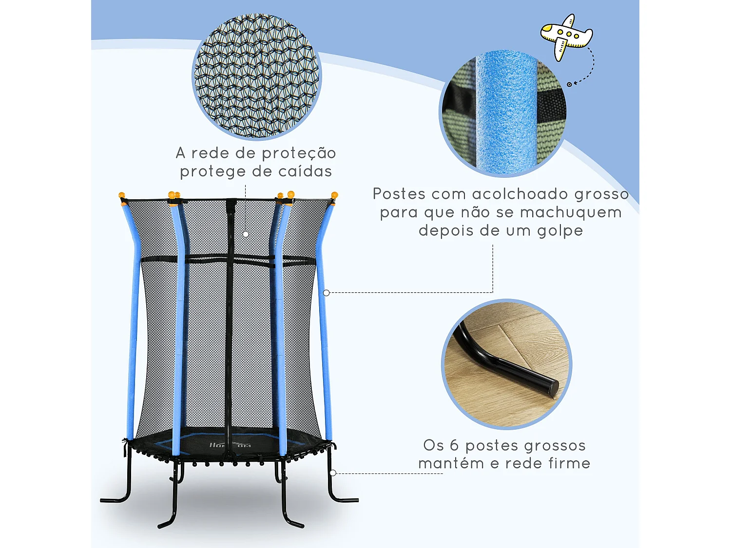 Cama elástica Garden Homcom red de seguridad + postes acolchados azul Ø163,5x190 cm