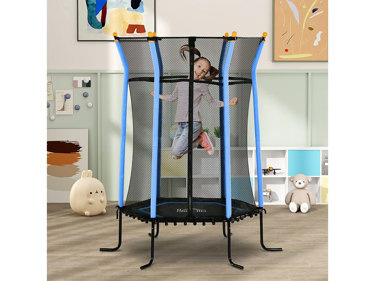 Cama elástica Garden Homcom red de seguridad + postes acolchados azul Ø163,5x190 cm