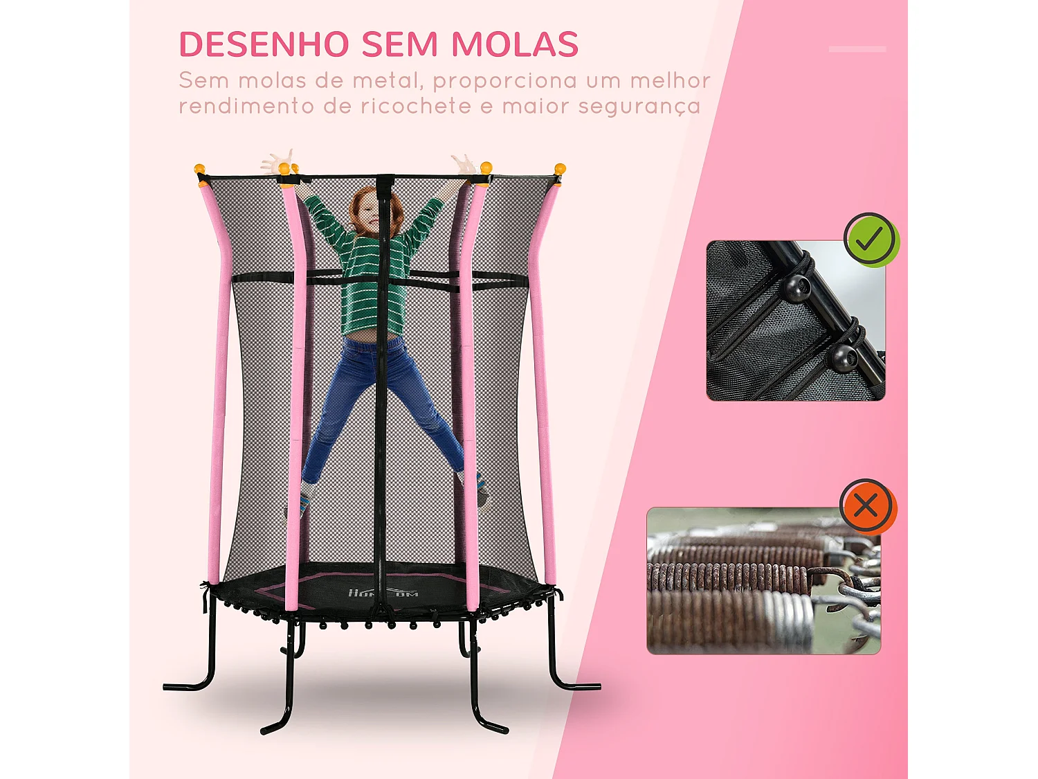 Cama elástica Garden Homcom red de seguridad + postes acolchados rosa Ø163,5x190 cm