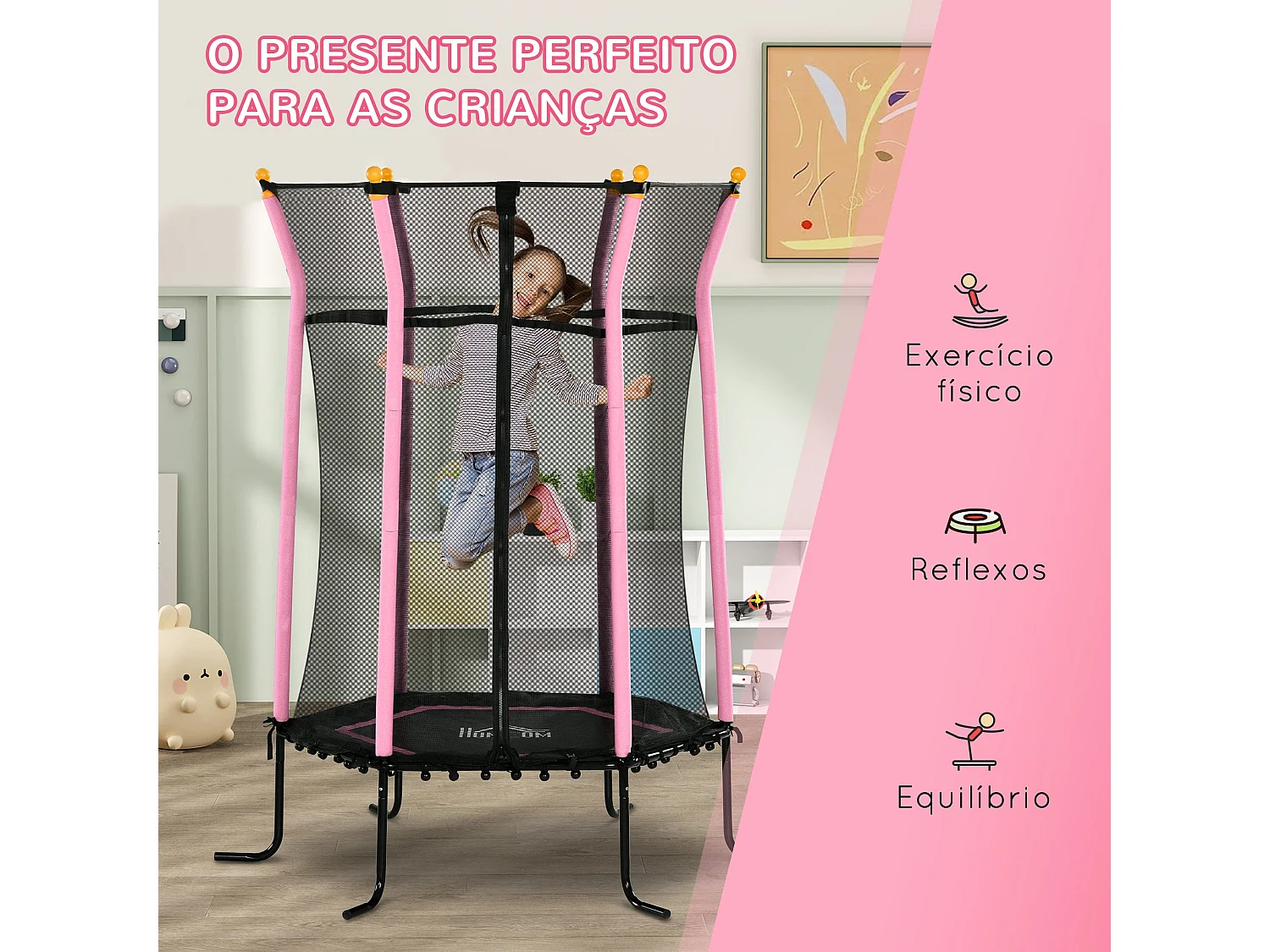 Cama elástica Garden Homcom red de seguridad + postes acolchados rosa Ø163,5x190 cm