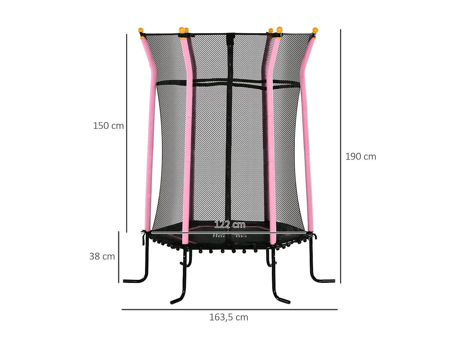 Trampolim Infantil Seguro com Rede de Proteção e Estrutura de Aço para Uso Interno e Externo - Carga Máxima de 50kg, Rosa, Ø163,5x190 cm